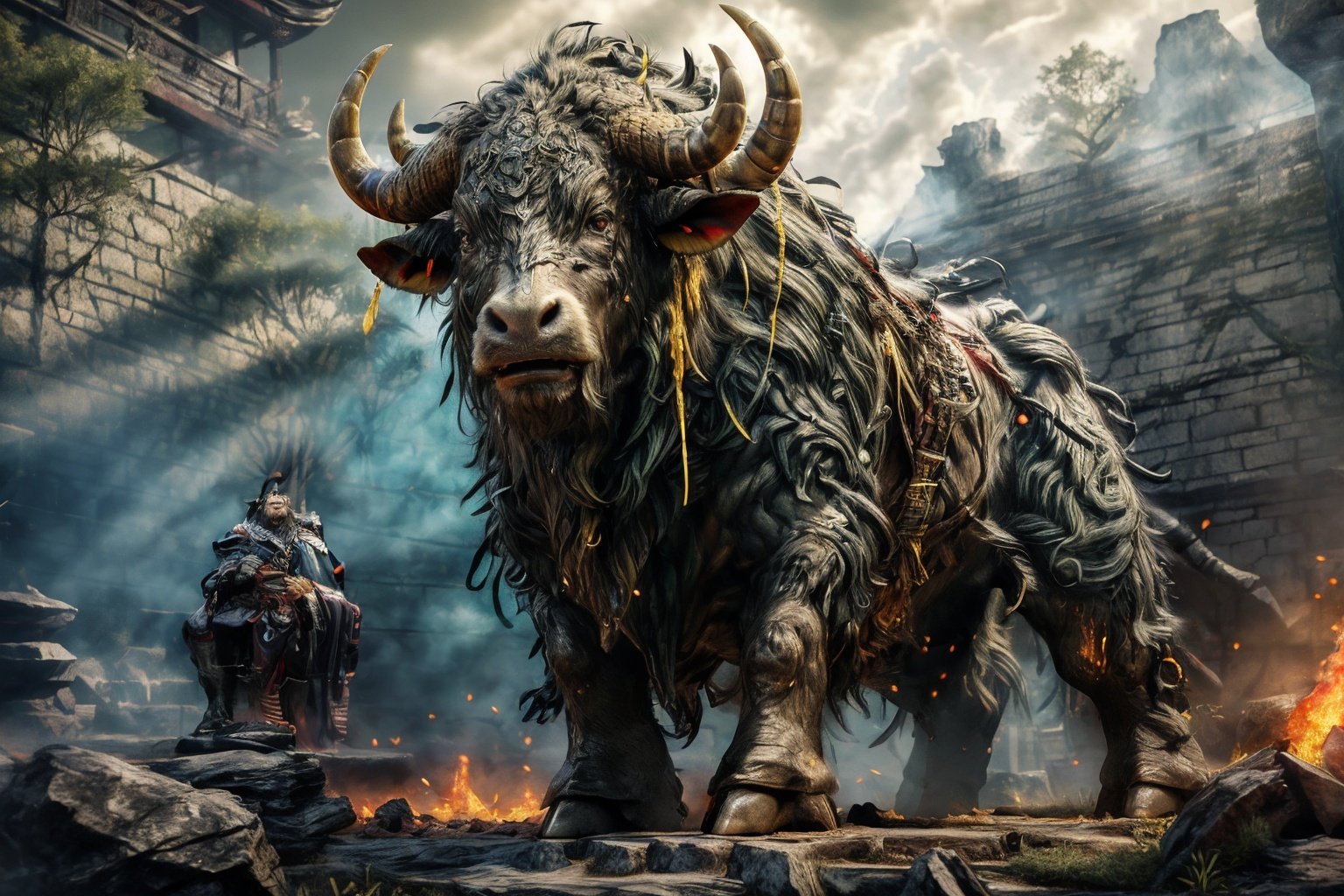 <lora:tianqingniu_20230720015937-000009:0.7>,tianqingniu,masterpiece,ultra high resolution,masterpiece,ultra high resolution,artwork,3D,CG,unreal engine 5,huge body contrast,giant bull,green ghost fire,exquisite details,light and shadow effects,realistic and exquisite golden details in the movie background,light yellow and 32 kextreme perspectives,cow,yak,