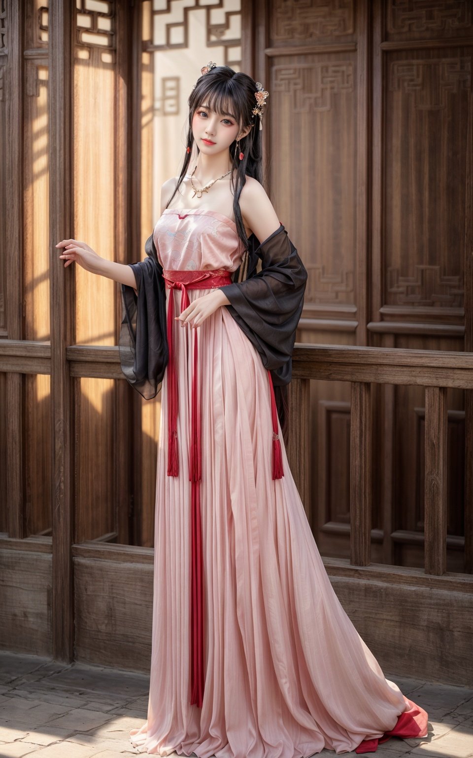 realistic,photorealistic,masterpiece,best quality,1girl, jewelry, solo, black hair, necklace, railing, hair ornament, dress, head tilt, long hair, bare shoulders, hanfu, earrings, chinese clothes, lattice, looking at viewer