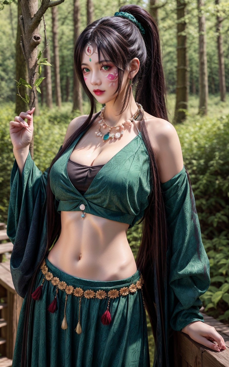 realistic,photorealistic,masterpiece,best quality,1girl, tribal, solo, breasts, black hair, navel, jewelry, long hair, cleavage, midriff, nature, necklace, ponytail, tree, facial mark, large breasts, green eyes, facepaint, bare shoulders, forest, outdoors, lips