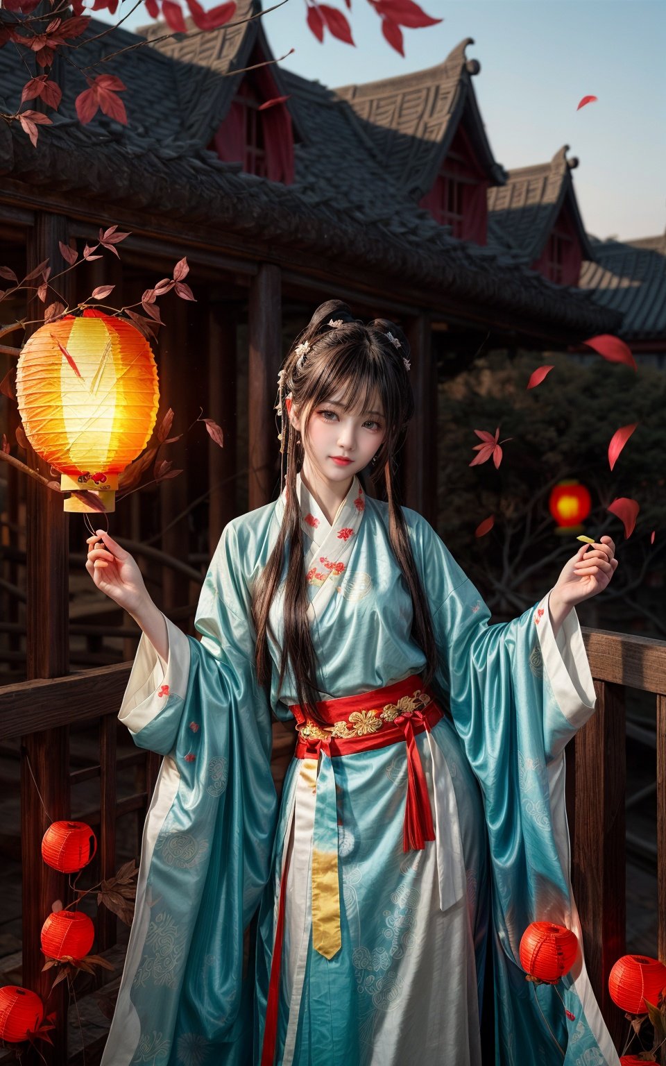 official art, unity 8k wallpaper, ultra detailed, beautiful and aesthetic, masterpiece, best quality, (Fire, water, ribbon, paper cutting), (fractal art:1.3) 1girl,building, (solo:1.5), chinese_clothes, sky, outdoors, wide_sleeves, black_hair, sunset, (falling_leaves:1.2), antern, (paper_lantern:1.5),blue sky, (outdoors:1.5),hanfu, (rainbow-candy:0.8), (style-swirlmagic:0.8),