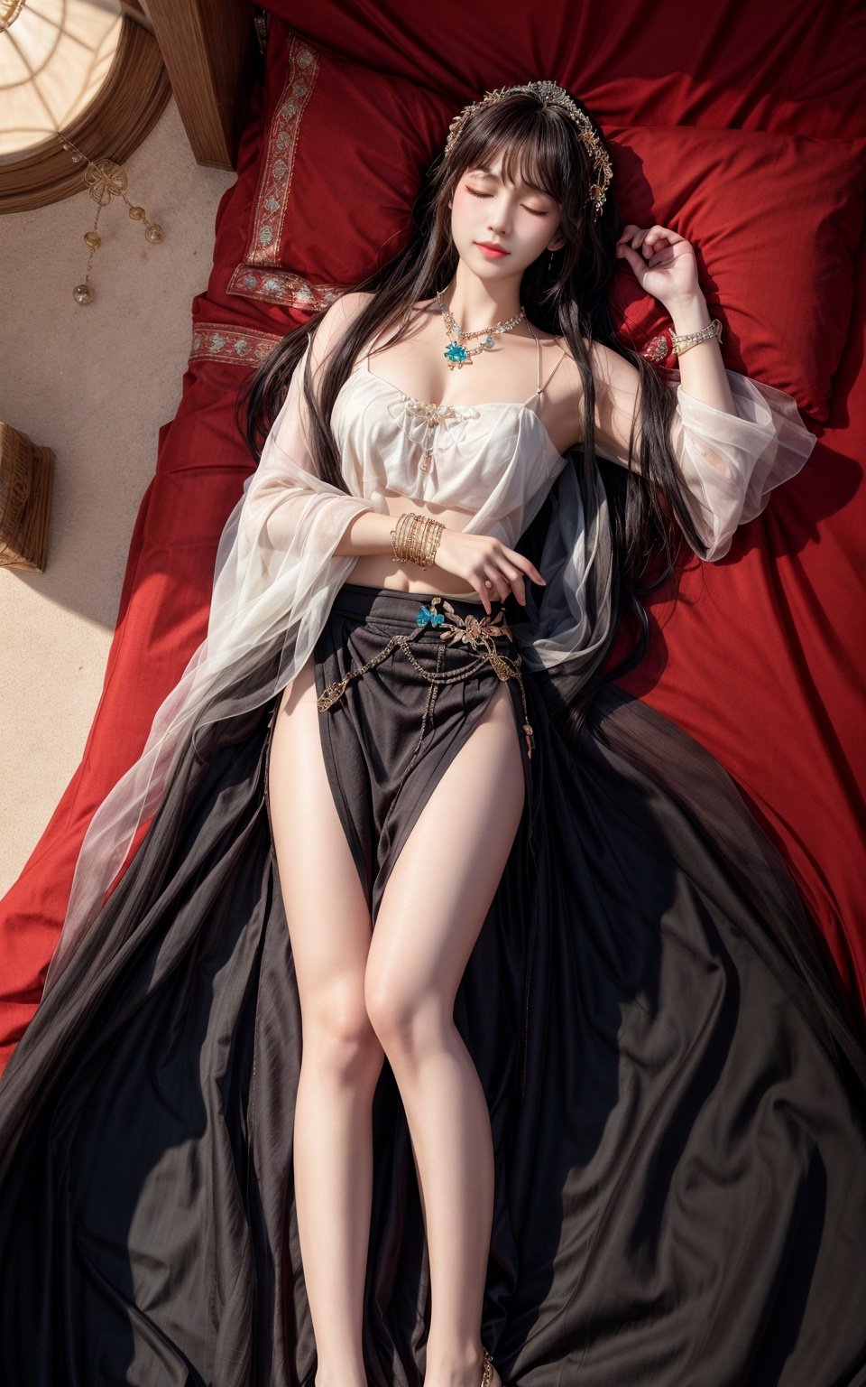 realistic,photorealistic,masterpiece,best quality,1girl,lying,closed eyes,solo,jewelry,skirt,black hair,on back,bracelet,long hair,bare legs,hair ornament,
