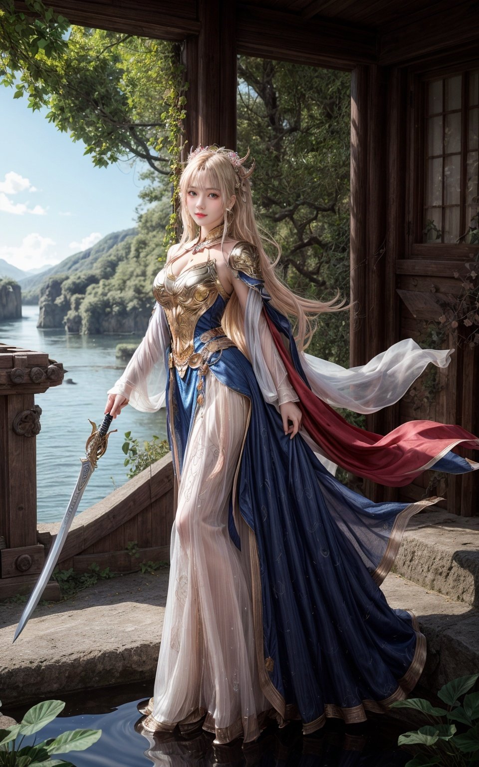(Best Quality), (Masterpiece), a very exquisite and beautiful girl, very detailed, amazing, with exquisite details, official art, super detailed, high-level, beautiful details girl, with a radiant face, A girl standing in front of a dragon, long, without humans, dragon, (floating blonde hair), jade water book, water, waves, full of water energy, all mechanical, pink mechanical, MIX4,swordsman,1girl
