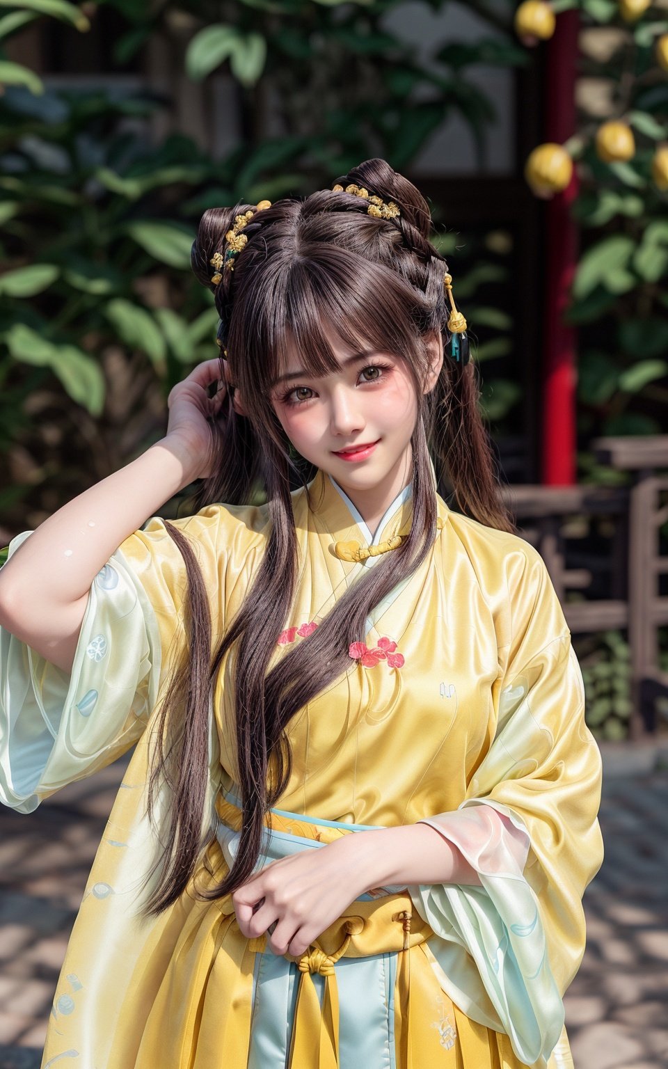 (ultra high res,photorealistic,realistic,best quality,photo-realistic), (high detailed skin,visible pores),(real person,photograph), (((yellow hanfu,chinese style))),realistic,simple background,upper body, (8k, raw photo, best quality, masterpiece),(1 girl),photon mapping, radiosity, physically-based rendering,automatic white balance,(((haunting smile,long hair))),watery eyes, (blush|cute and playful|adorable|skinny|thick bangs|beauty|twintail|hair bun,),(looking at viewer),(irises and pupils are rounded,the pupil reflects the surroundings,eyes are not the same size),