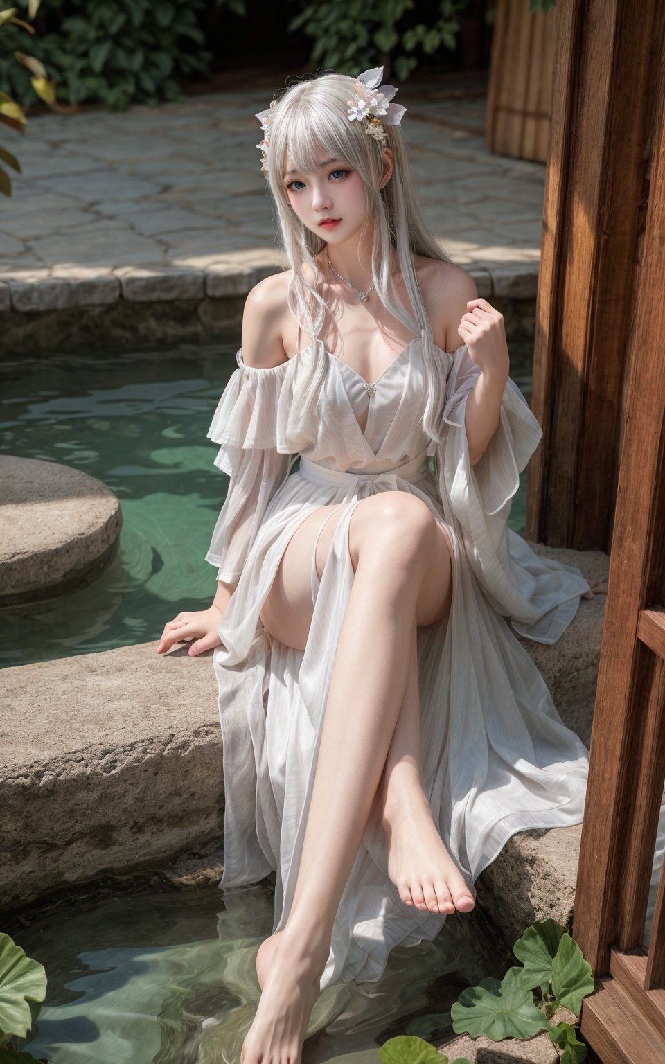 realistic,photorealistic,masterpiece,best quality,1girl, long hair, barefoot, sitting, white hair, solo, dress, hair ornament, water, bare shoulders