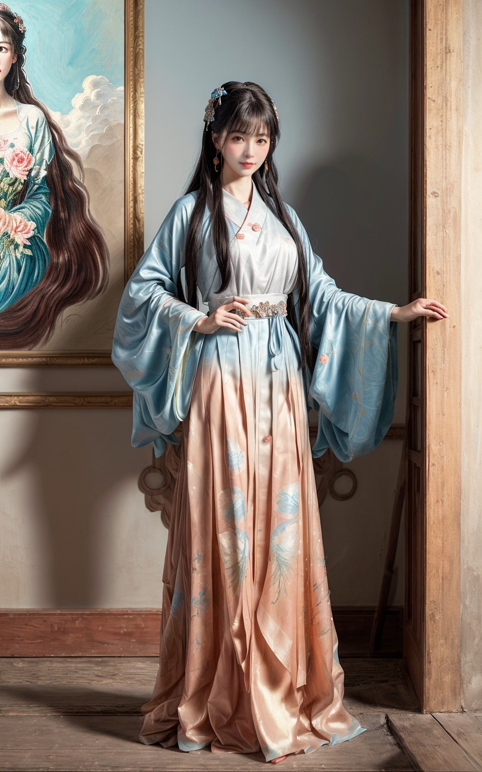 (best quality:1.4), ((masterpiece)),((realistic)), (detailed),(photorealistic:1.4), the painting shows a woman standing behind the clouds,in the style of fang lijun, love and romance, uemura shoen, (light white and light blue:1.1), flowing draperies, fresco painting, naomi tydemanDali style,