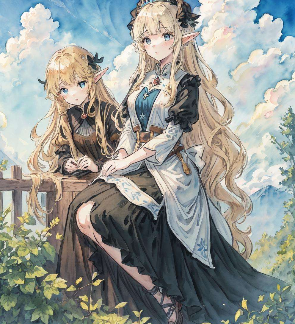 masterpiece,best quality,asterpiece,beautiful,extremely detailed CG unity 8k wallpaper,<lyco:shuicai_littel2:1.5>,1girl,watercolor,Long blonde hair and black dress,Princess,elf,blue sky and white clouds,Outdoor,The warm sunshine,BREAK