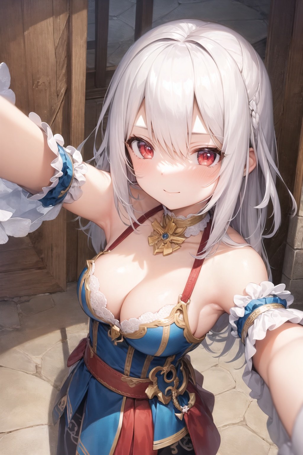 masterpiece, best quality, ultra-detailed, illustration, 1girl, solo, lselfie, from above, white hair, red eyes, bare shoulders, collarbone, 