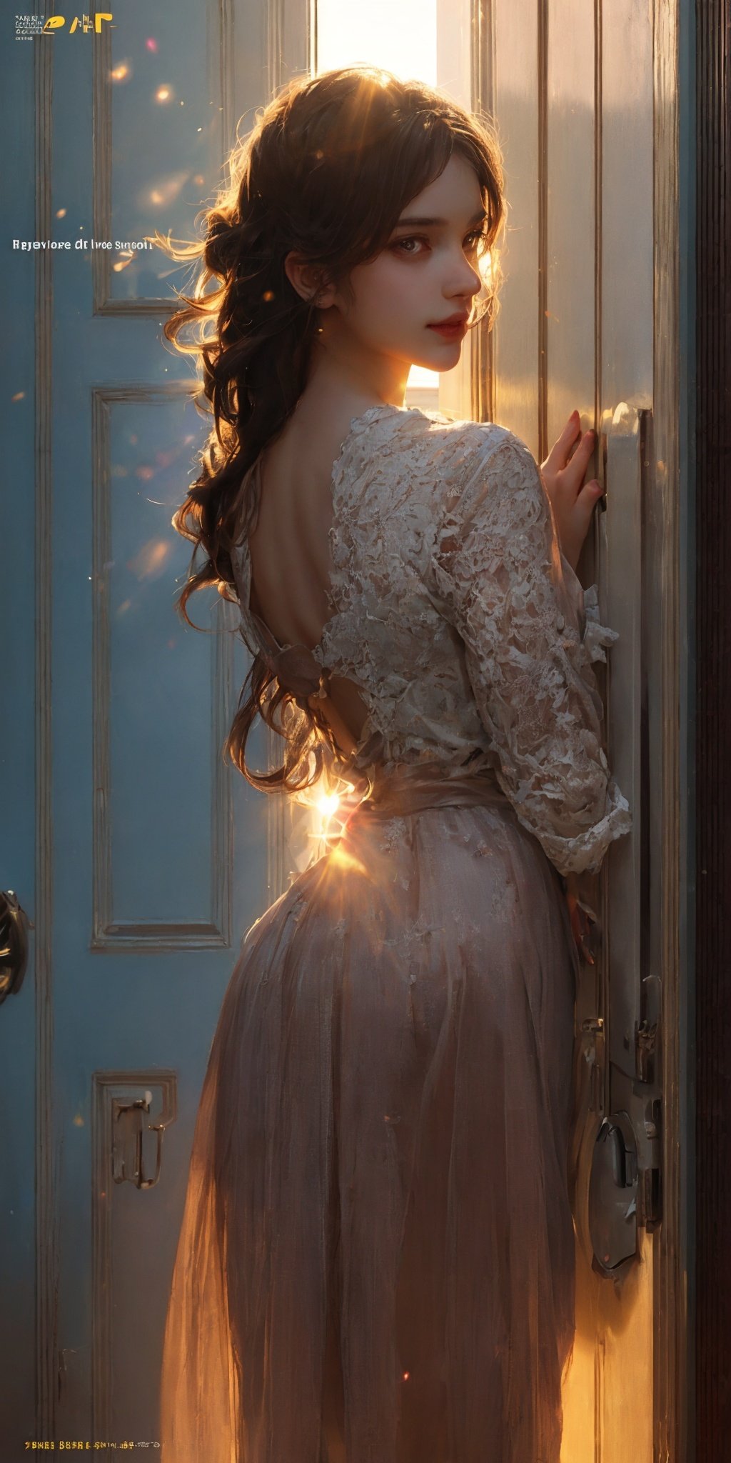 Magazine Cover Image,1girl standing,beautyfull detailed faces and eyes,standing in front of door,door half open,sunlight behind,backlit shot,sunlight behind,lens flare,backlit,sunset,stunning,dim,super 