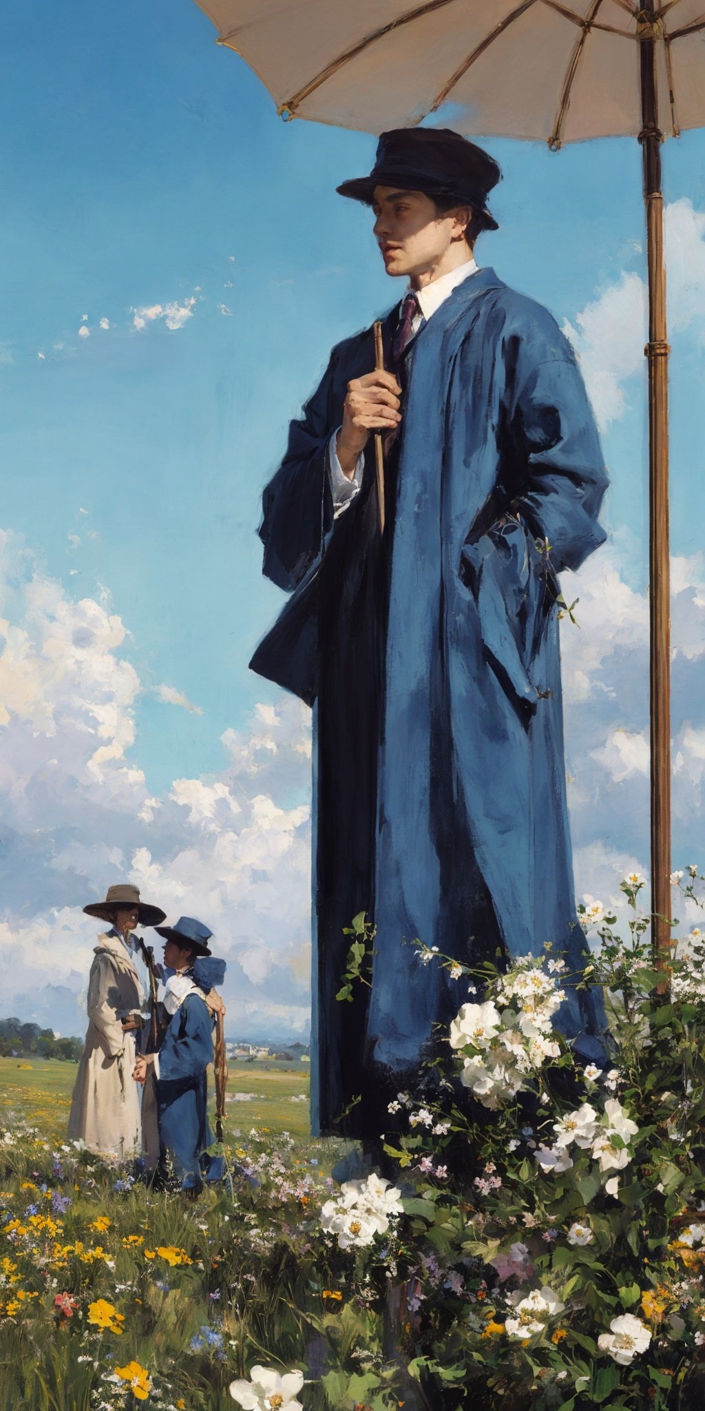 outdoors, field, hat, day, multiple boys, sky, blue sky, flower, cane, scenery, fine art parody, robe