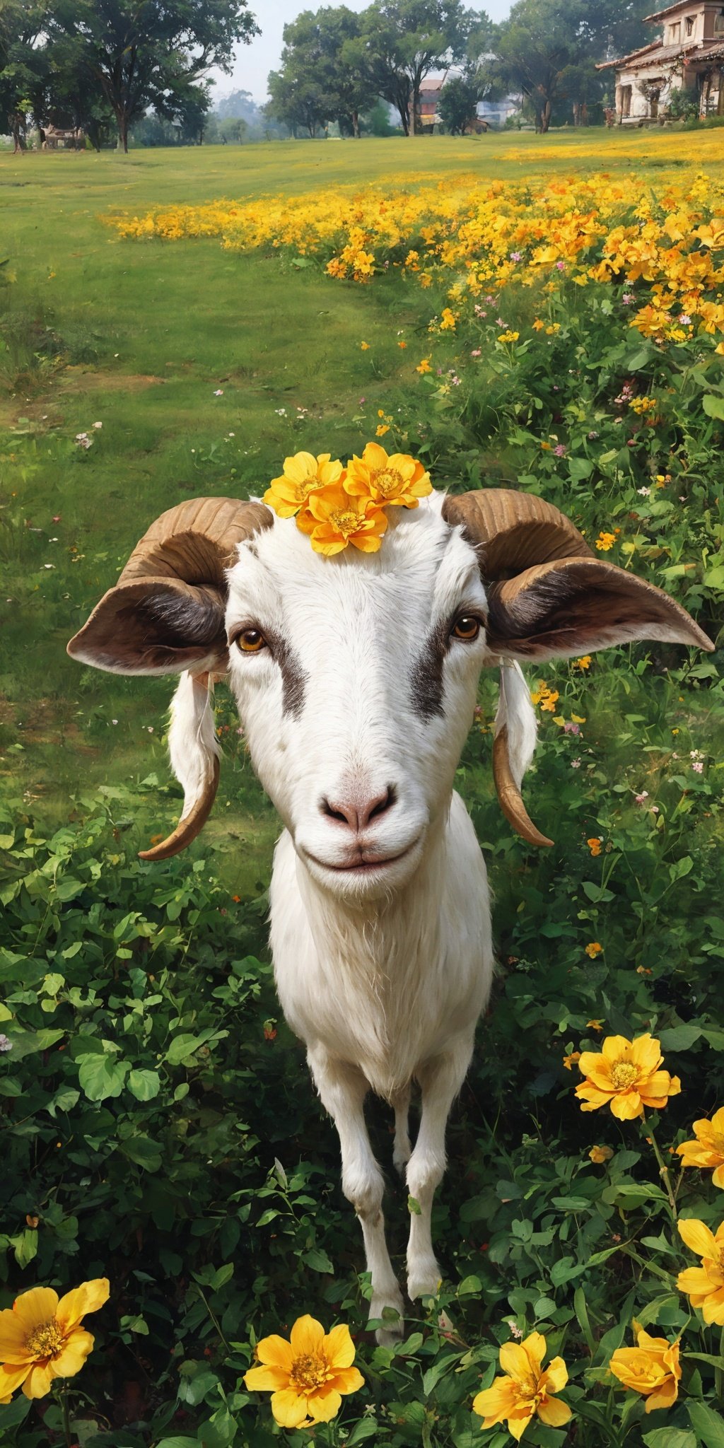 yinxiang, no humans, grass, flower, outdoors, animal, day, yellow flower, animal focus, orange flower, horns, plant, goat