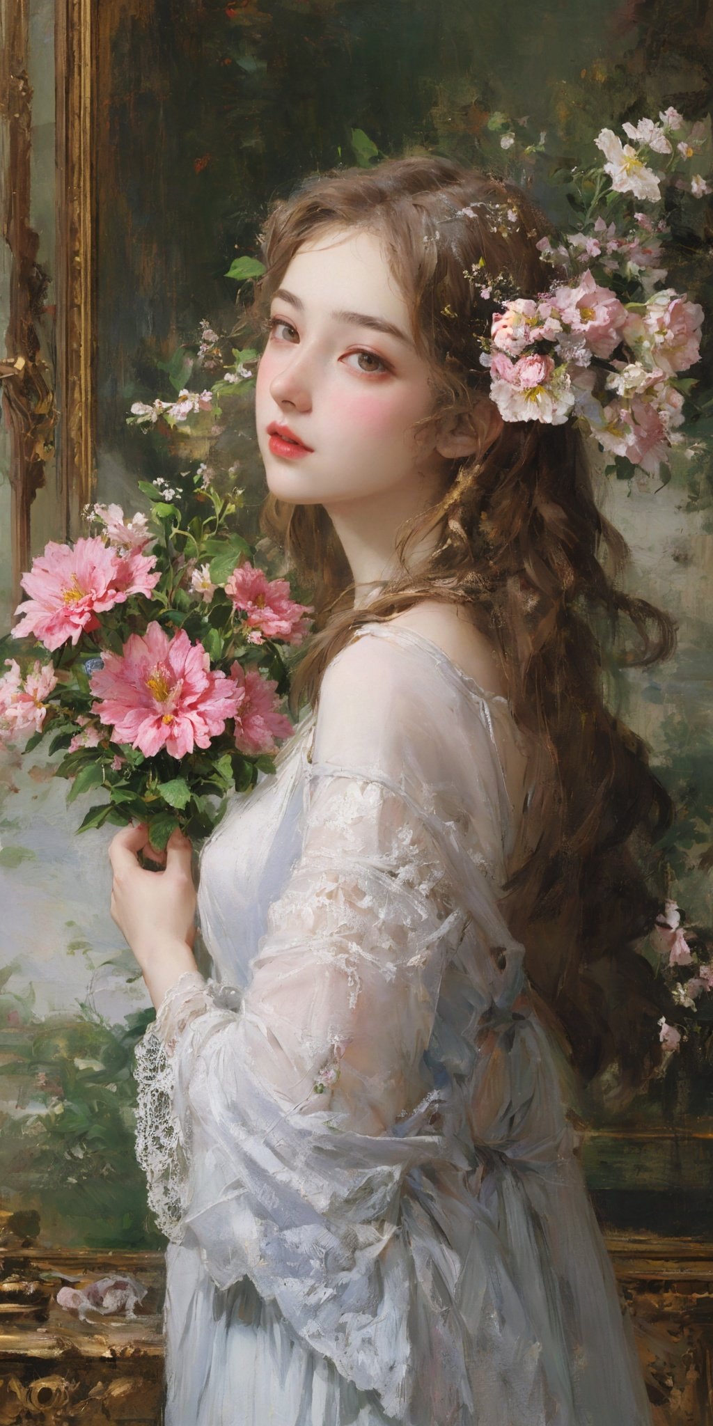 Best quality,masterpiece,1girl,beautiful_face,eyebrows_visible_through_hair,lily_\(flower\),dress,holding_flower,from_side,