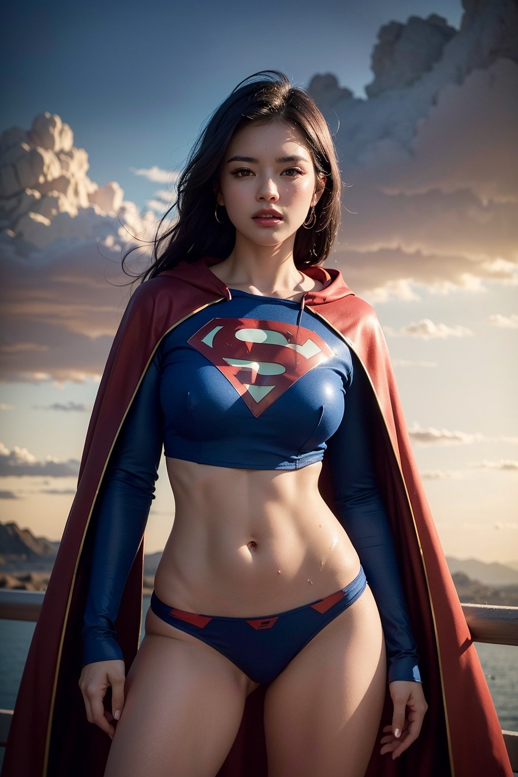 centered, masterpiece, | European supergirl, full body photo, perfect breast, wavy black hair, red cloak, black transparent top and panties, nipples visible in top, low leg black panties, tranmidriff, navel, wide hips, thick thighs, | wet, natural skin texture, soft cinematic light, elegant, (cinematic look), (saturated colors:1.1), | soft cinematic light, (detailed cloudscape:1.1), beautiful face, beautiful eyes, fantasy, | bokeh, depth of field, planet mars, hills, futuristic scenery, 