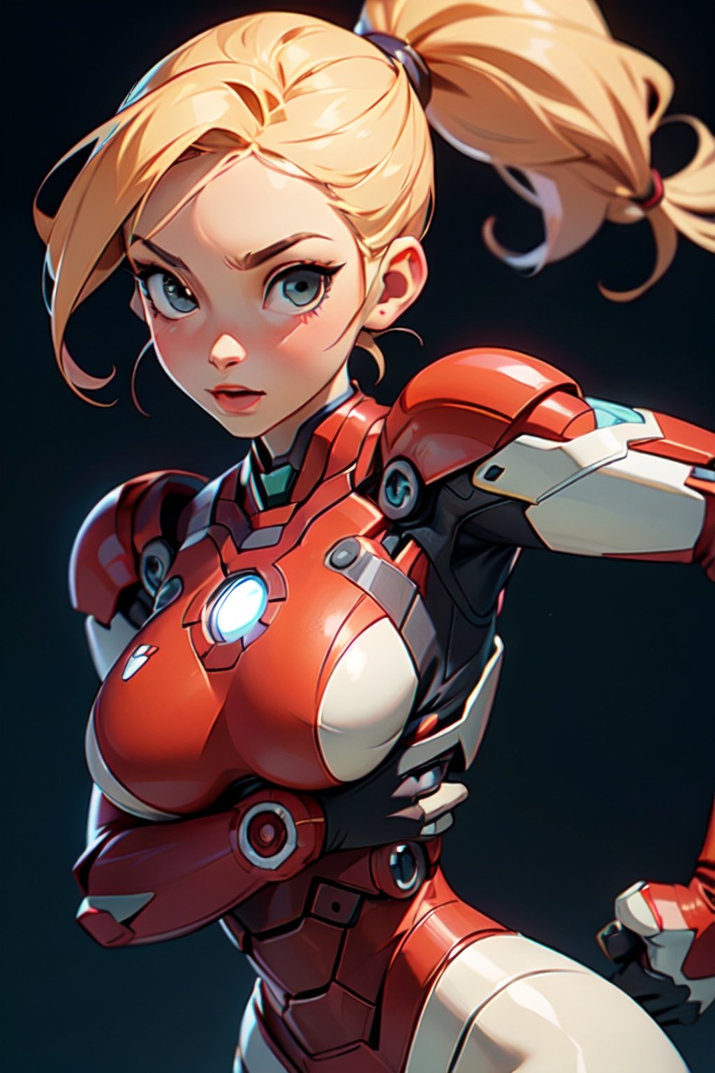 Ironman, sexy girl (masterpiece, best quality:1.1), ghibli style, perfect breast, long_ponytail, blond_hair, 