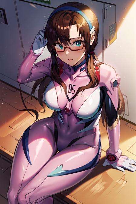 ((masterpiece,best quality, detailed)), locker, sitting, from above, indoors,<lora:MakinamiMariV1-000008:0.8>, makinami mari illustrious, pink bodysuit, hairband, red-framed eyewear