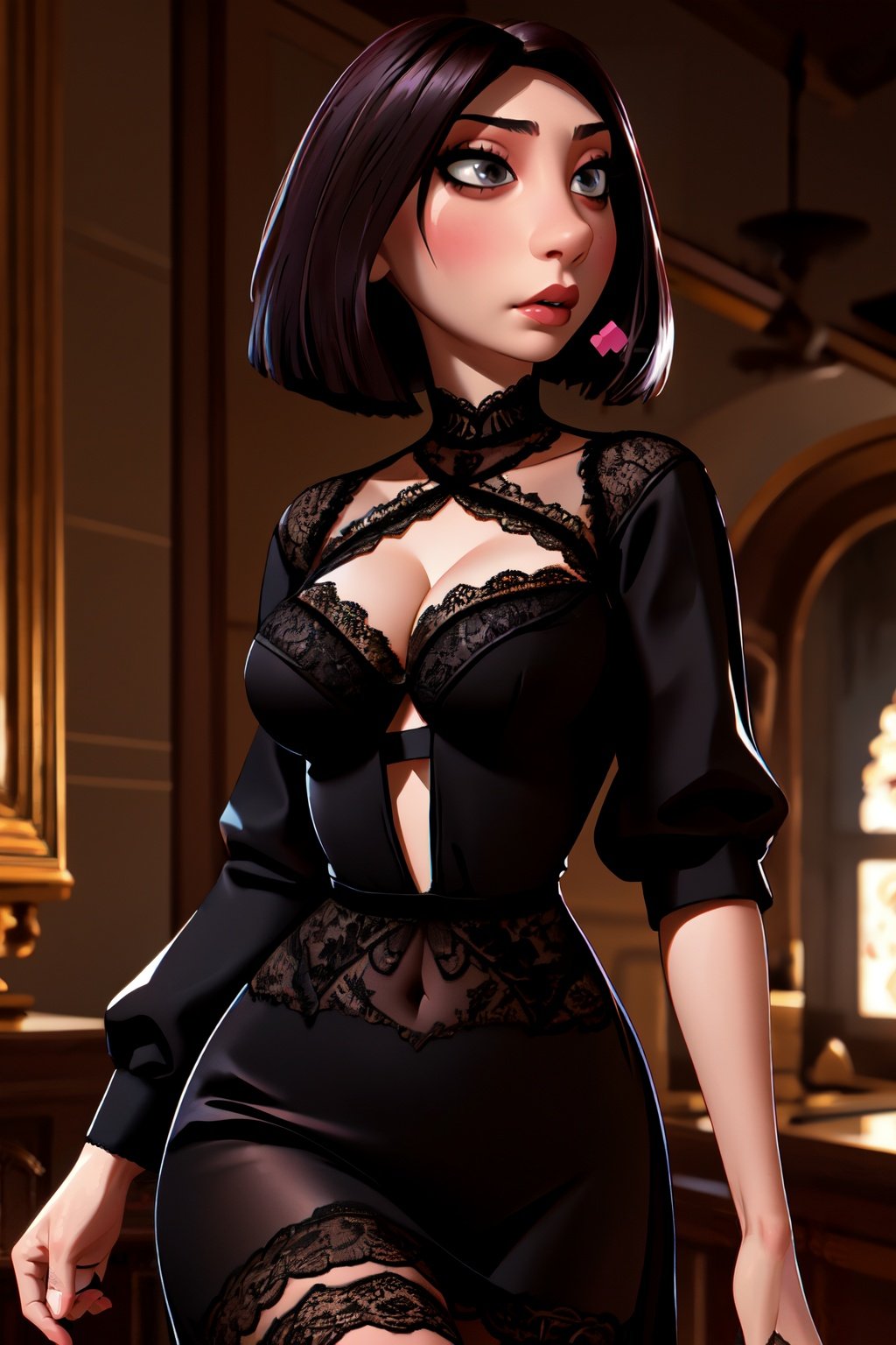 <lora:colettetatou-07:0.8> ,colettetatou , (masterpiece, high quality,:1.2)   woman , (black lace lingerie:1.3),   large breasts,  cleavage,  evocative pose, dynamic pose, 