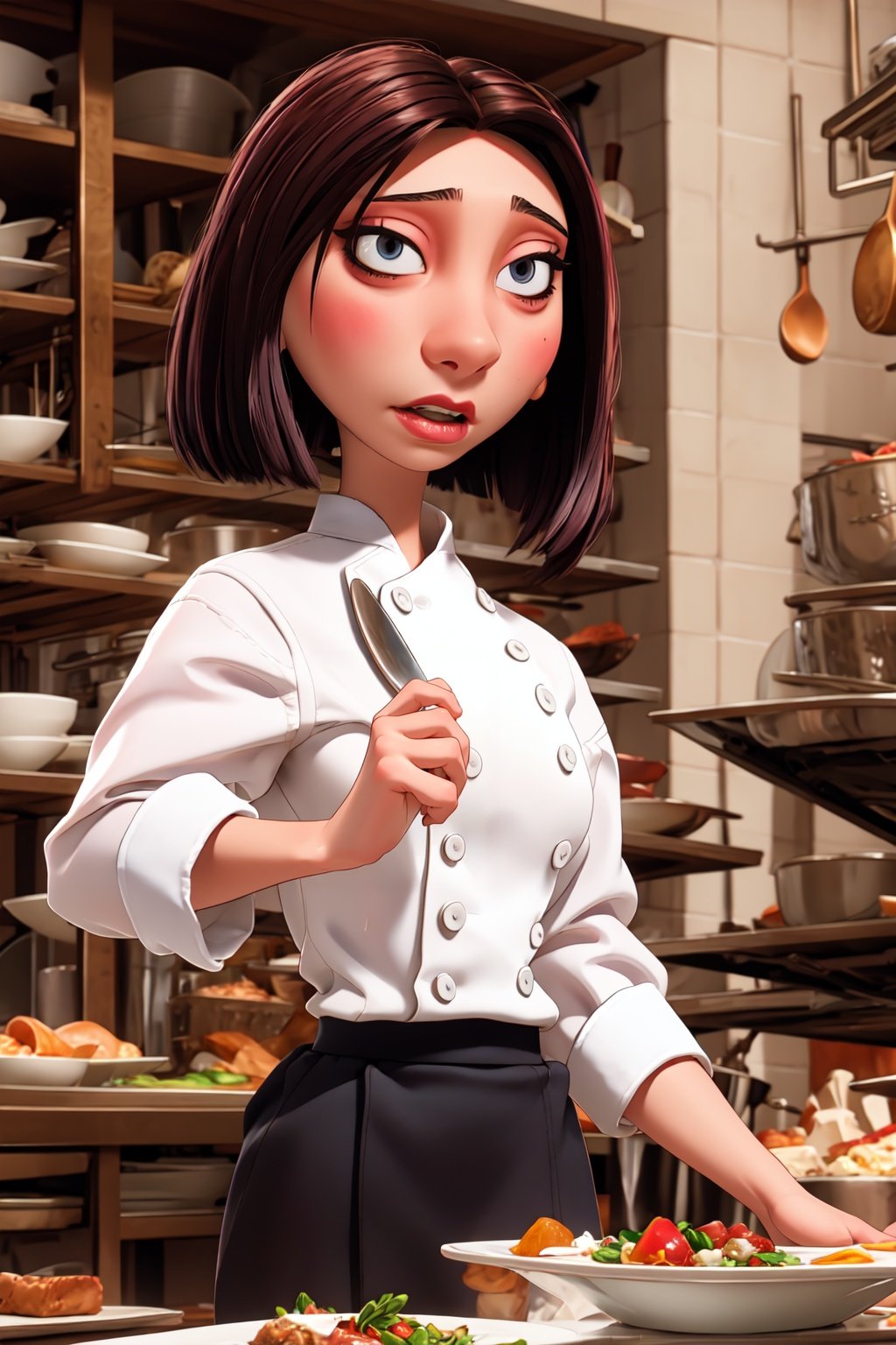 <lora:colettetatou-07:0.8> ,colettetatou , woman ,  chef uniform, 