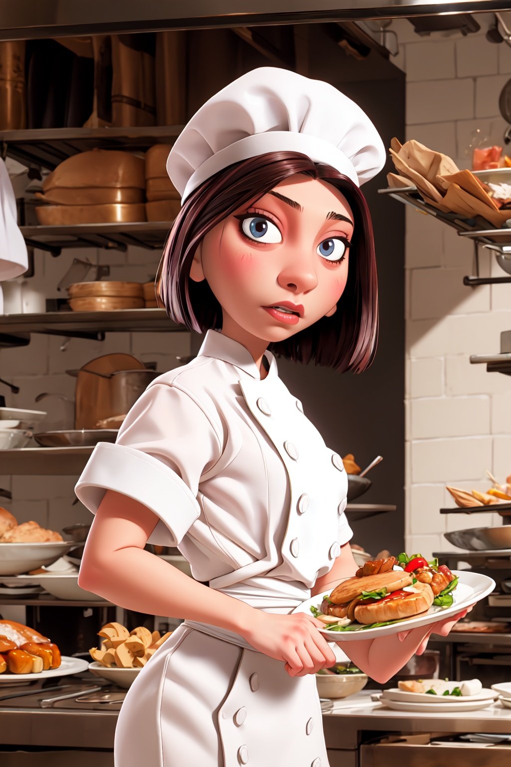 <lora:colettetatou-07:0.8> ,colettetatou , woman ,  chef uniform, 