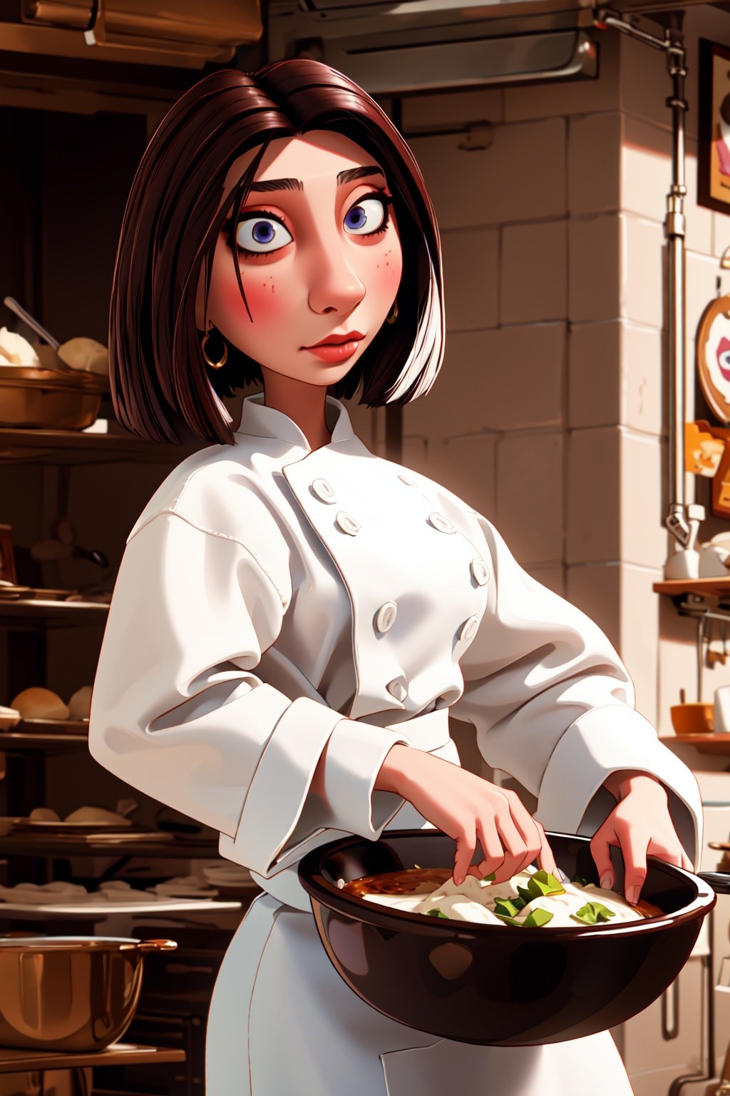 <lora:colettetatou-07:0.8> ,colettetatou , (masterpiece, high quality,:1.2)   woman ,  chef uniform,  detailed eyes,  brown hair 