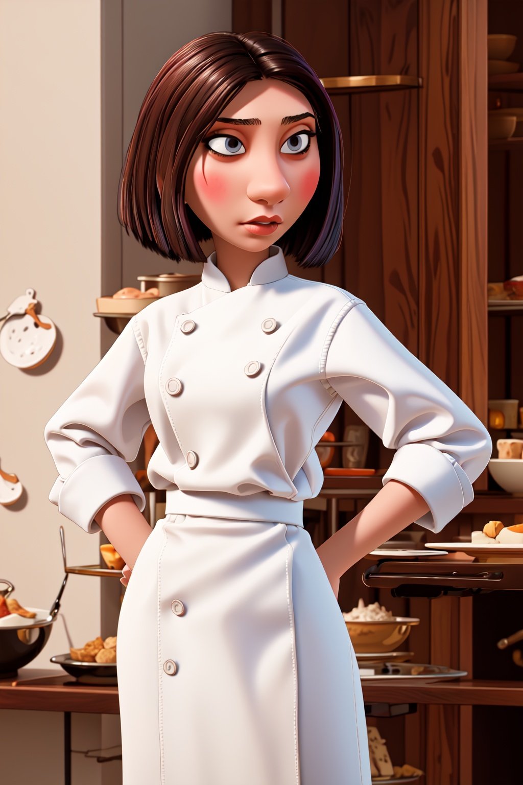 <lora:colettetatou-07:0.9> ,colettetatou , (masterpiece, high quality,:1.2)   woman ,  chef uniform, 