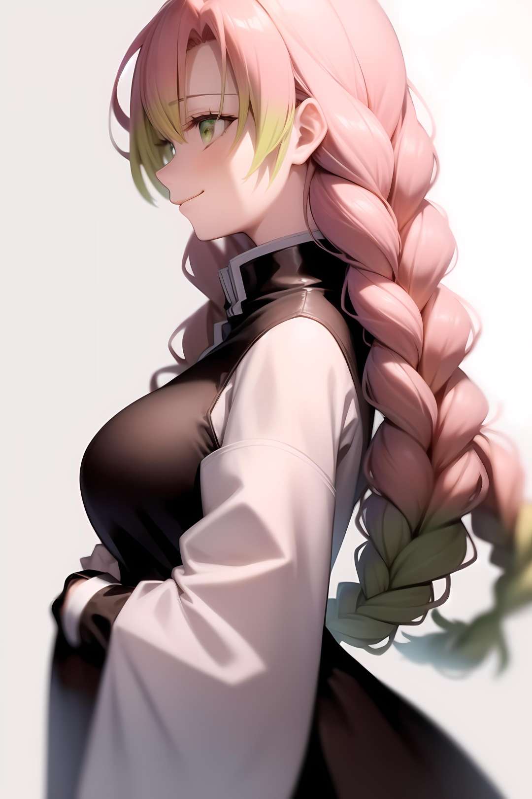 mitsuri(demon slayer), large breasts, upper body, haori, bangs, 1girl,green hair, demon slayer uniform, gradient hair, braid, solo, jacket, multicolored hair, off shoulder, profile, white background, breasts, simple background, smile, green eyes, twin braids, closed mouth, pink hair, japanese clothes, long hair<lora:mitsuri-04:0.8>