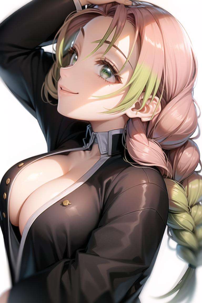 mitsuri(demon slayer), large breasts, upper body, haori, bangs, 1girl,green hair, demon slayer uniform, gradient hair, braid, solo, jacket, multicolored hair, off shoulder, profile, white background, breasts, simple background, smile, green eyes, twin braids, closed mouth, pink hair, japanese clothes, long hair<lora:mitsuri-04:1>