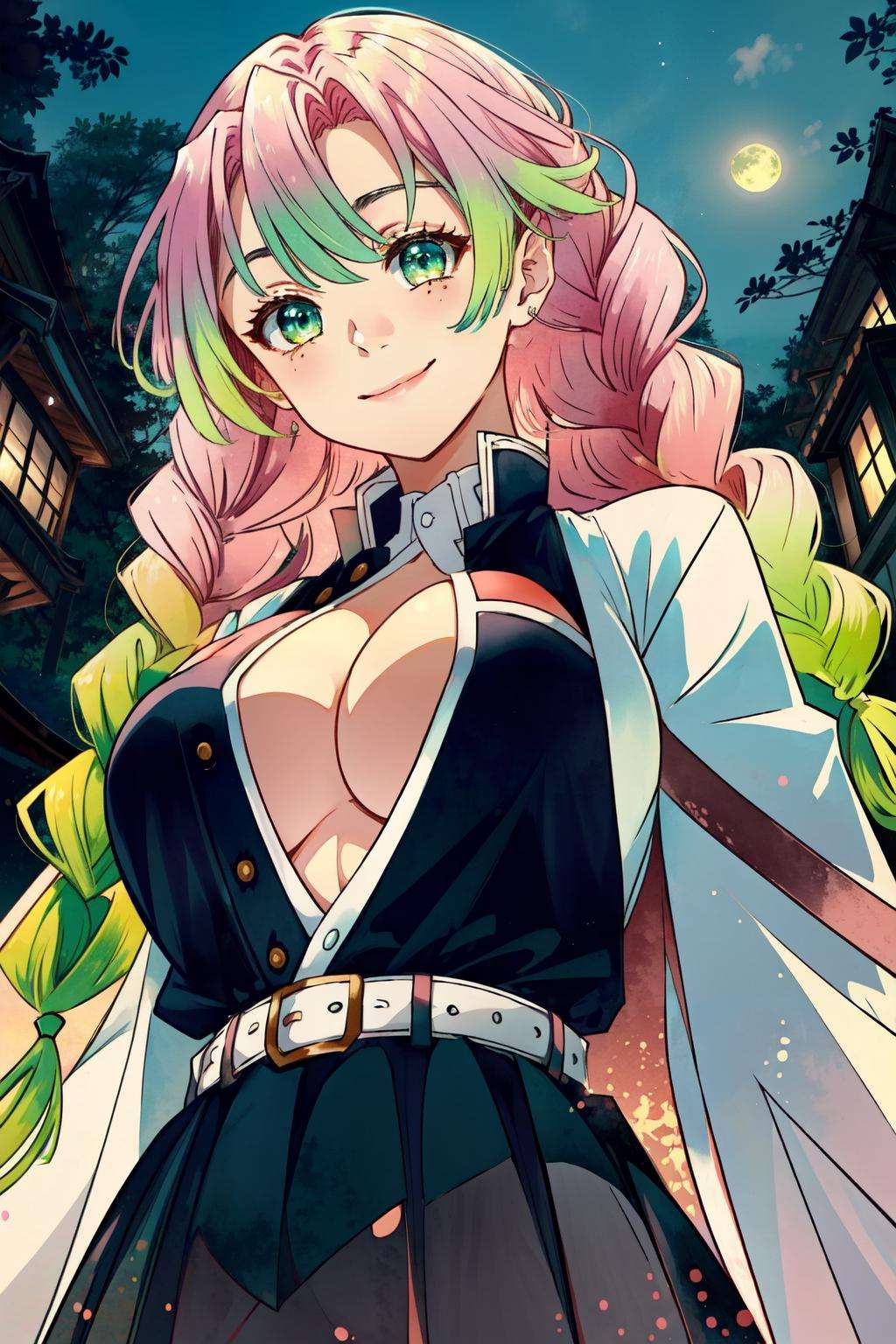 mitsuri(demon slayer), large breasts, upper body, haori, bangs, 1girl, green hair, demon slayer uniform, gradient hair, solo, jacket, multicolored hair, breasts, smile, green eyes, twin braids, pink hair, japanese clothes, long hair, portrait, looking at viewer, moonlight scenery, (from below:1.3)  <lora:mitsuri-v2:0.8>  