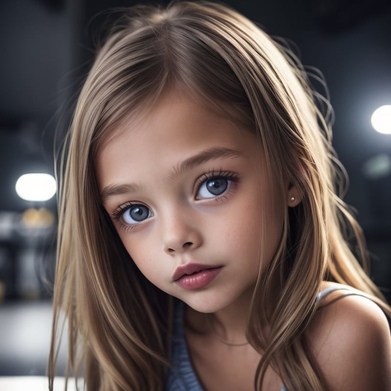 best quality, extra resolution, portrait of AIDA_apavaga as cute little girl, close up, naughty, upper body, beautiful child, flirting with camera, playful, cinematic, studio photo,  kkw-ph1, [dark theme] <lora:LowRA:0.4>, black background