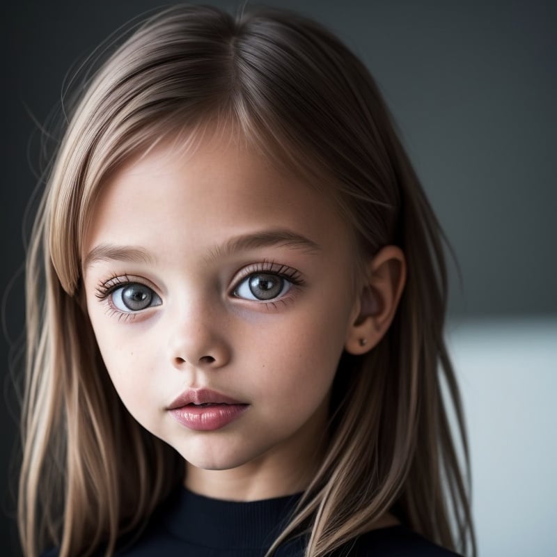 best quality, extra resolution, portrait of AIDA_apavaga as cute little girl, close up, naughty, upper body, beautiful child, flirting with camera, playful, cinematic, studio photo,  kkw-ph1, [dark theme] <lora:LowRA:0.4>, black background