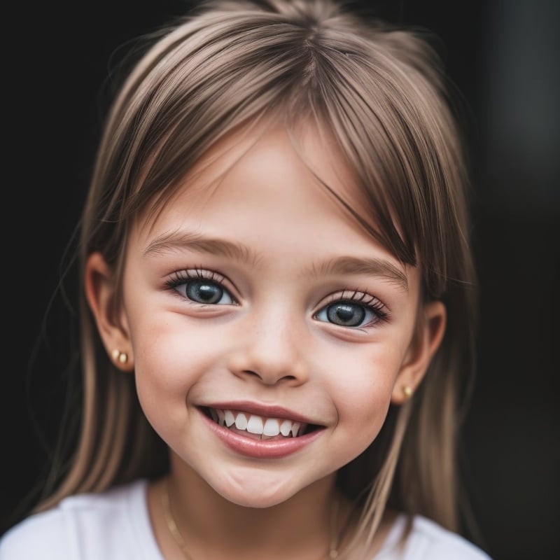 best quality, extra resolution, portrait of AIDA_apavaga as cute little girl, close up, naughty, upper body, flirting with camera, funny, smiling, (open mouth:1.1), perfect teeth, playful, cinematic, studio photo,  kkw-ph1, [dark theme] <lora:LowRA:0.4>, black background