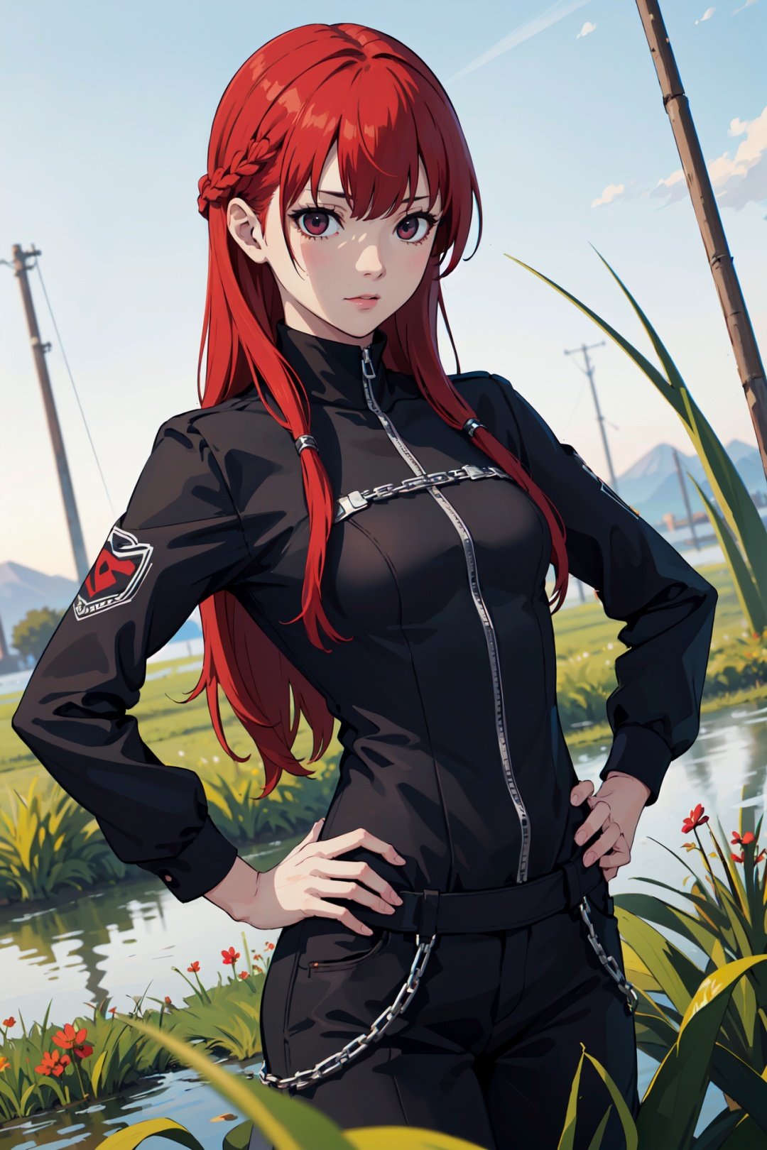 (best quality:1.2), 1girl, (dynamic angle, hands on hips, :q, red hair, absurdly long hair, cornrows, small_breasts, wetland),