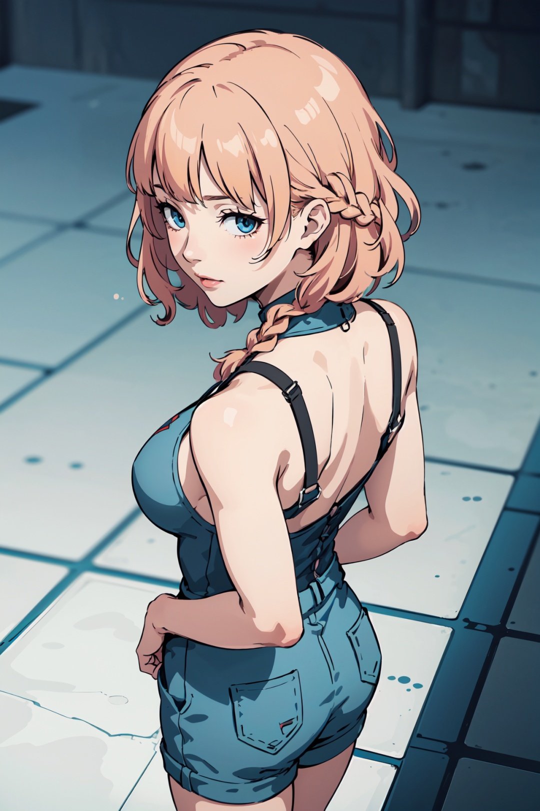 (best quality:1.2), 1girl, (from above, arms behind back, naughty face, alternate hair color, very short hair, ringlets, braid, medium_breasts, infirmary),