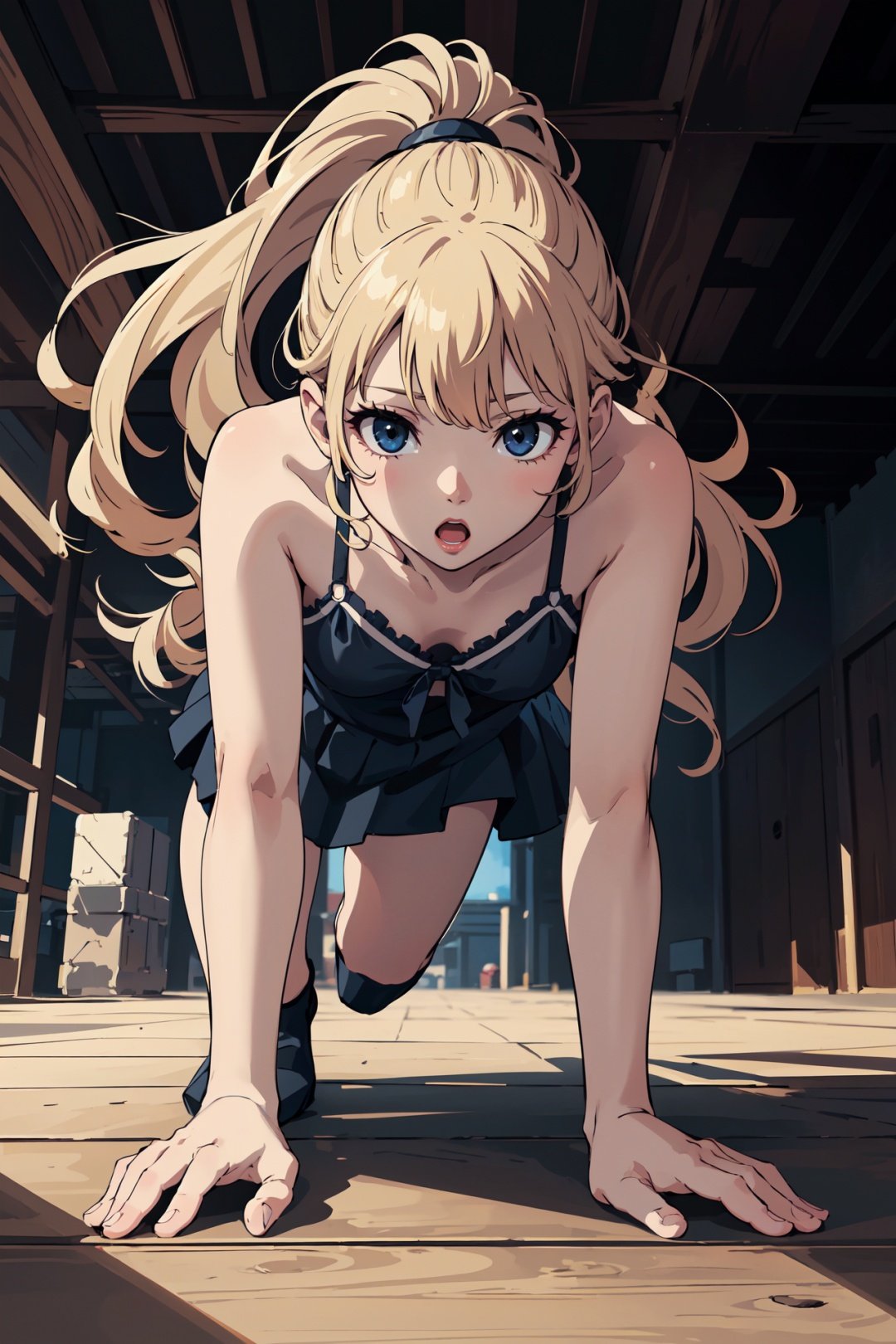 (best quality:1.2), 1girl, (atmospheric perspective, all fours, :o, two-tone hair, very long hair, curly hair, high ponytail, flat_chest, barn),