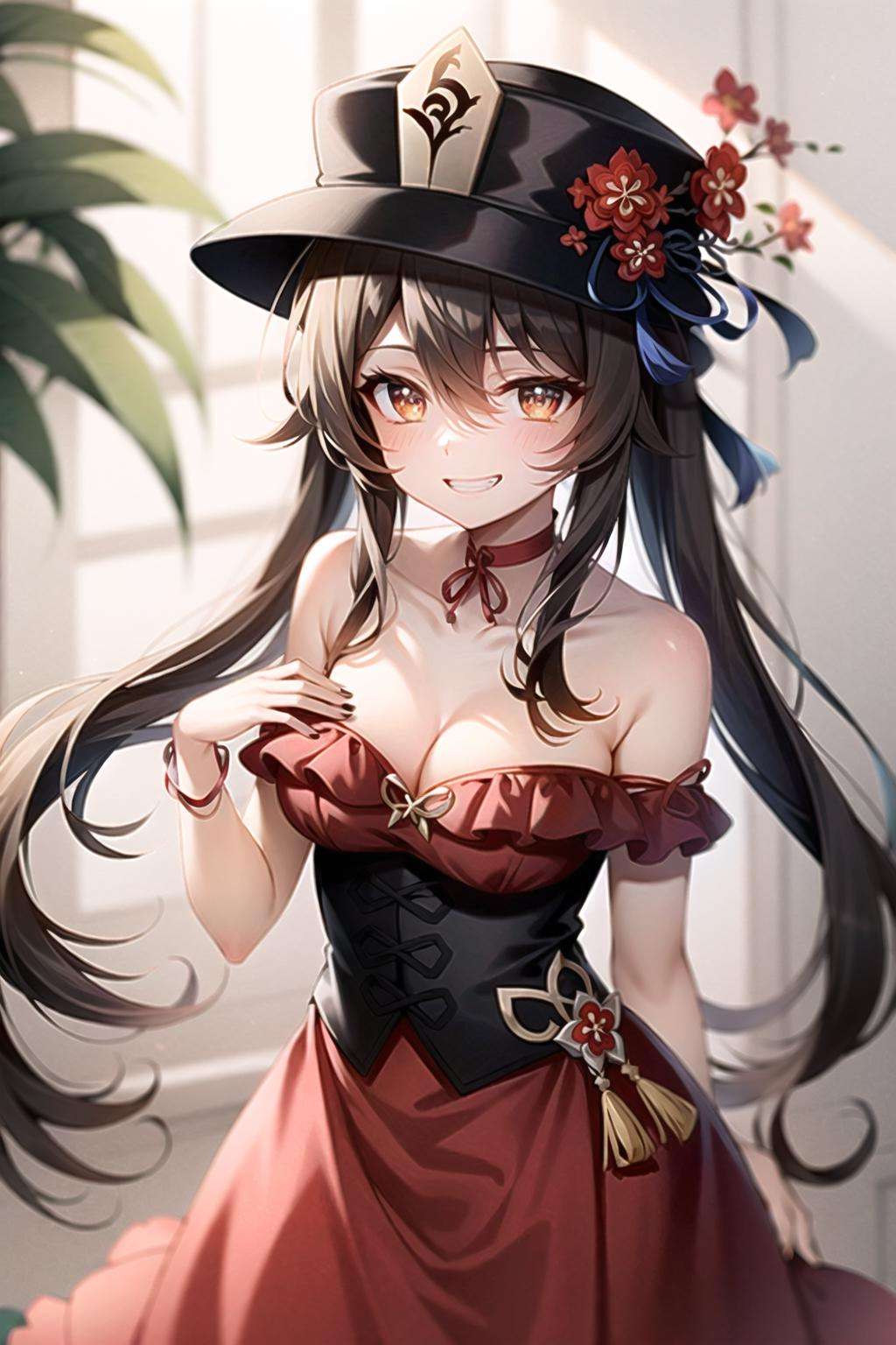 1girl, hu tao (genshin impact), hat, flower on hat,brown hair, twintails, smile, dress,  long hair, off-shoulder dress, ahoge, looking at viewer,  red dress, bare shoulders, grin, red eyes, flower-shaped pupils, blush, bangs, breasts, choker, collarbone, solo, nail polish, black nails, ribbon choker, bow, hair between eyes, hair ornament, sidelocks, cleavage, wrist ribbon, very long hair, teeth, cowboy shot <lora:hutao_v2:0.7>