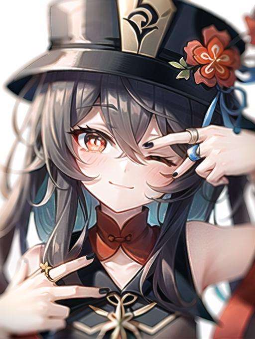 1girl, hu tao (genshin impact), jewelry, hat, one eye closed, brown hair, ring, solo, flower, looking at viewer, black nails, red eyes, symbol-shaped pupils, smile, twintails, nail polish, blush, long sleeves, hat flower, simple background, long hair, v, bangs, upper body, hair between eyes, black headwear, chinese clothes <lora:hutao_v2:0.7>