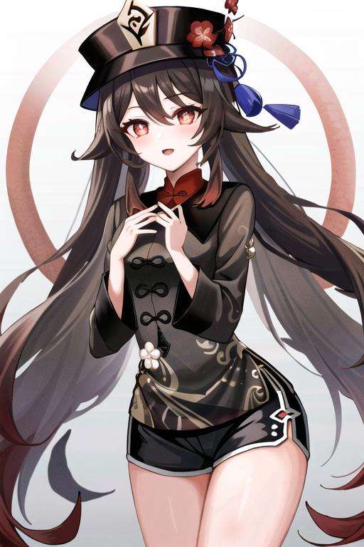 masterpiece, best quality,1girl, hu tao (genshin impact), hat, red eyes, twintails, brown hair, solo, symbol-shaped pupils, long hair,bangs, official  outfit , shorts , china dress, <lora:hutao_v2:0.7>