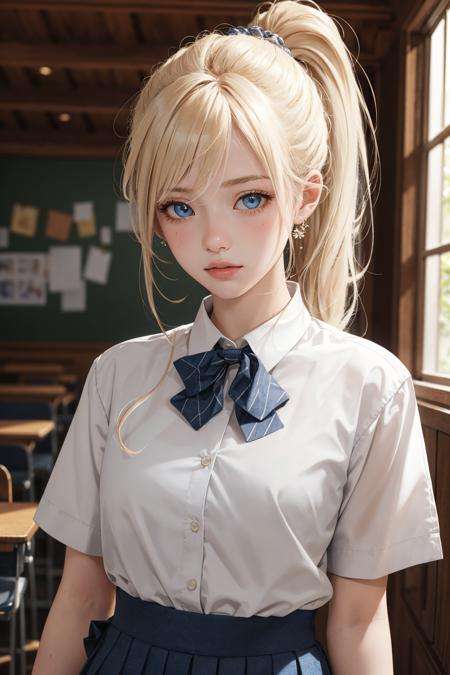 (masterpiece:1.2, best quality), realistic, (real picture, intricate details, depth of field), solo,1girl,bishojo,beautiful detailed eyes,Student uniforms, platinum blonde hair, ponytail