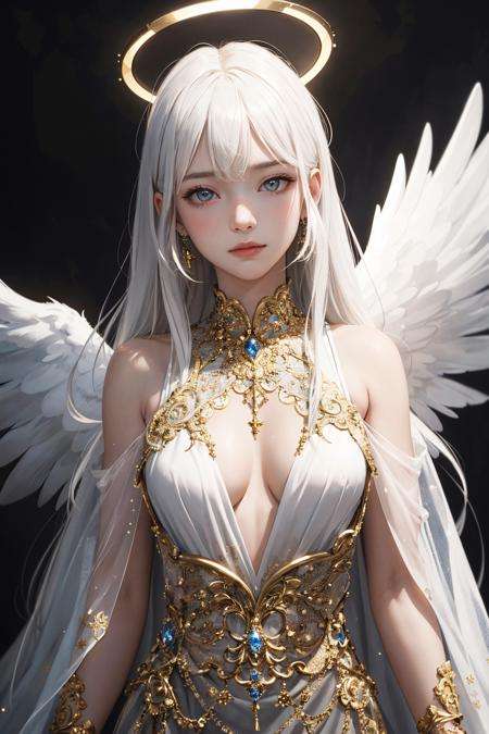 (masterpiece:1.2, best quality), (real picture, intricate details, depth of field), heaven background, 1girl, white hair, golden eyes, long hair, halo, angel wings, serene expression, looking at viewer