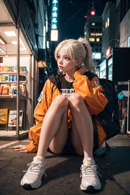 (masterpiece:1.2, best quality), realistic, (real picture, intricate details, depth of field), close up, Edgy girl, dark orange jacket, techwear, camera, backpack, white sneaker, platinum blonde hair color, ponytail, dramatic makeup, piecing, sitting outside of a convenience store, looking at the street, outdoor, ((nighttime, dark city)), neon signs, individuality, authenticity, creative expression