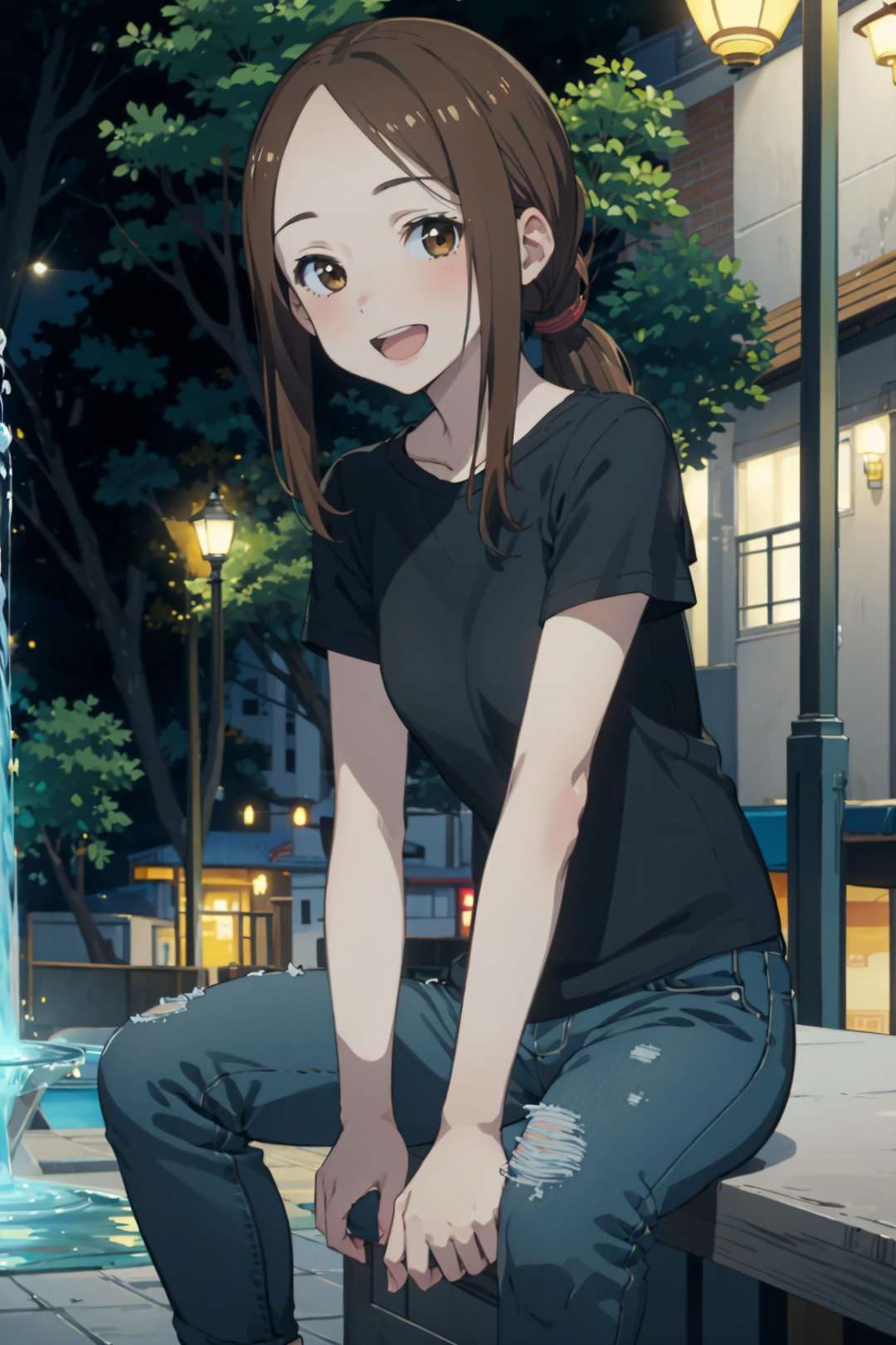 best quality, (masterpiece:1.2), detailed,<lora:chara_KarakaiJouzu_Takagi-san_v1:0.8>, takagi-san adult,1girl, solo, open mouth, smile,brown hair, brown eyes, parted bangs, ponytail,black shirt, jeans, pants,sitting, looking at the viewer,city, street, fountain