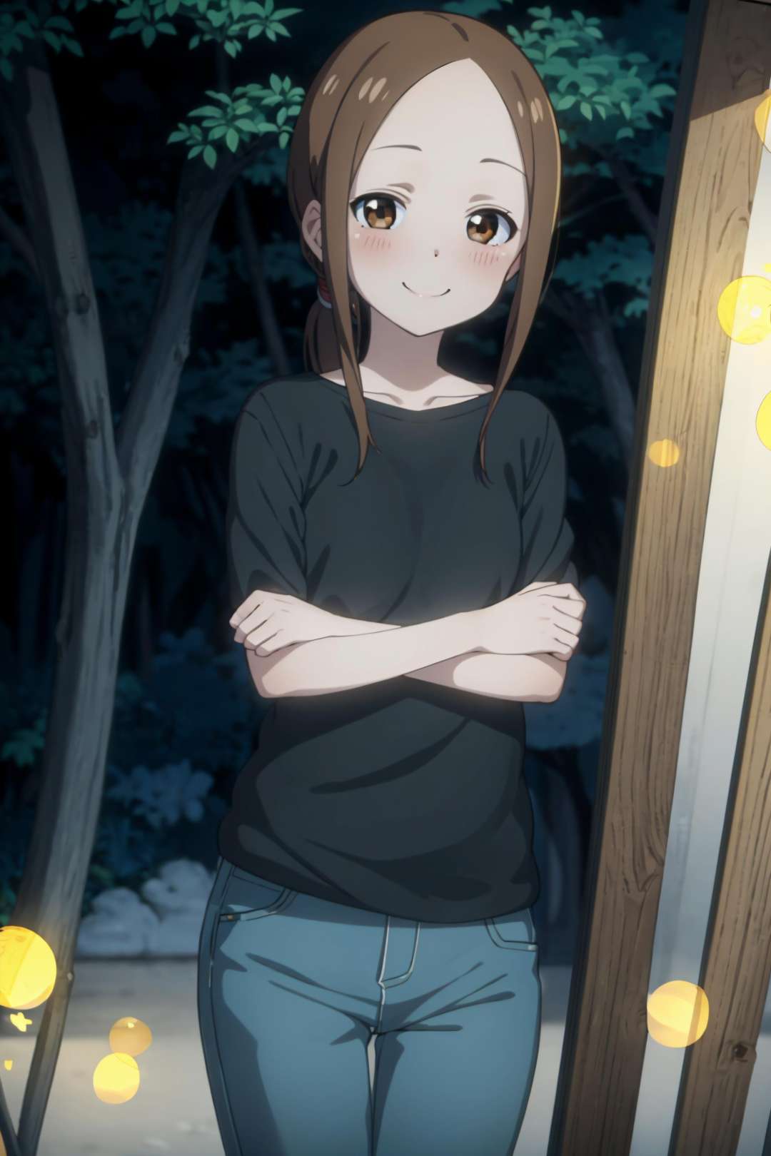 best quality, (masterpiece:1.2), detailed,<lora:chara_KarakaiJouzu_Takagi-san_v1:0.8>, takagi-san adult,1girl, solo, closed  mouth, smile, blush,brown hair, brown eyes, ponytail,black shirt, jeans,standing, looking at the viewer,outdoors, night, fireflies