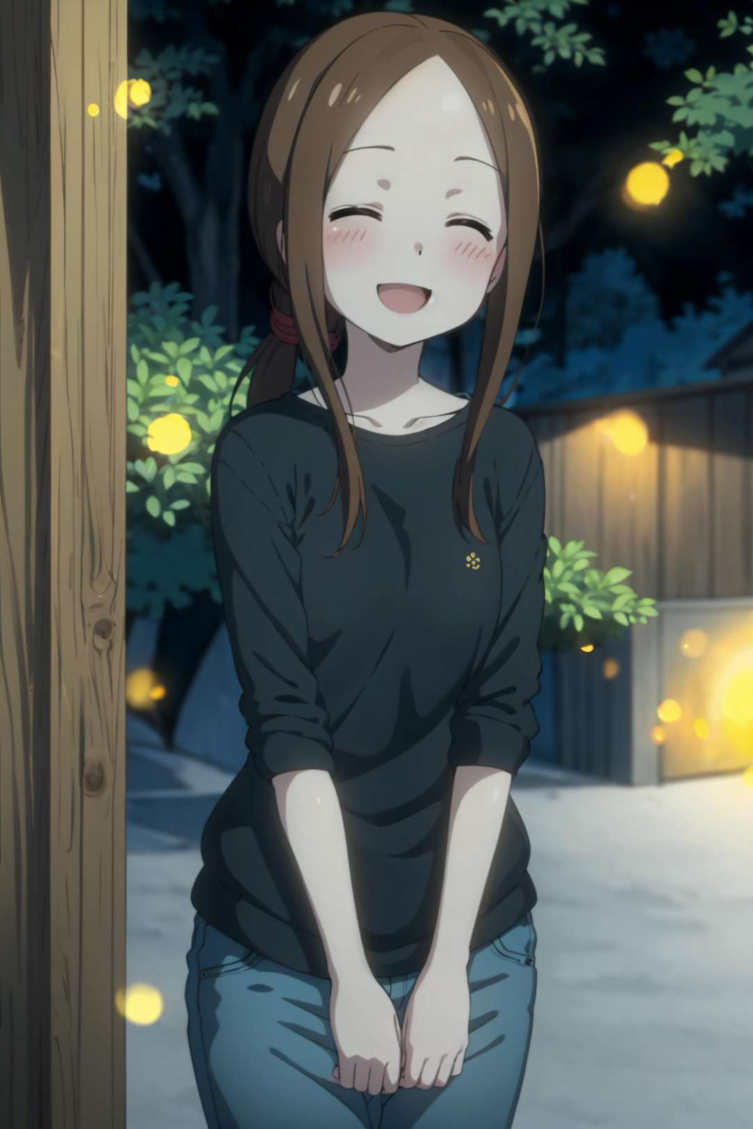 best quality, (masterpiece:1.2), detailed,<lora:chara_KarakaiJouzu_Takagi-san_v1:0.8>, takagi-san adult,1girl, solo, open mouth, smile, blush,brown hair, (closed eyes:1.2), ponytail,black shirt, jeans,standing, looking at the viewer,outdoors, night, fireflies