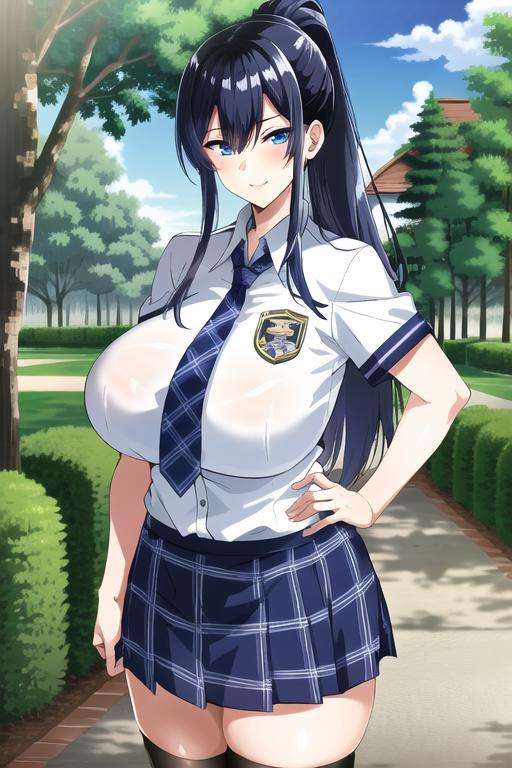 Takeda Hiromitsu style, 1girl, breasts, skirt, thighhighs, solo, blue eyes, necktie, school uniform, long hair, blue hair, ponytail, huge breasts, shirt, tented shirt, plaid, outdoors, plaid skirt, smile, hand on hip, looking at viewer, blue skirt, sidelocks, high ponytail, thighs, sky, tree <lora:takeda:0.7>