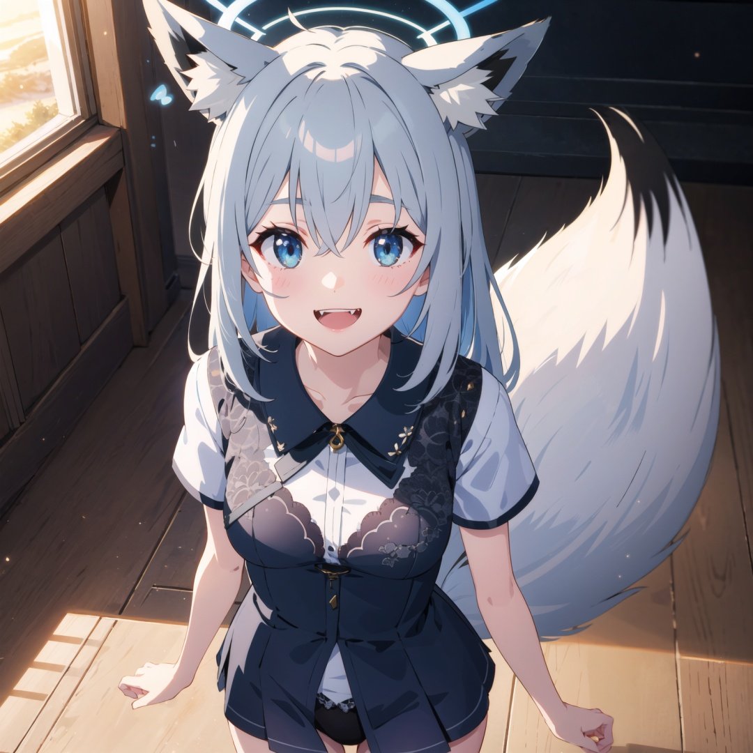 (animal ear fluff, fox ears:1.05), 1girl, shirakami fubuki, looking at viewer, contrapposto, v over eye,(open mouth:0.5), (fangs:1.0), (grin:0.8), crazy eyes, (smile:0.7), looking at viewer,cowboy shot, detailed background, light particles, sunset, rim light, key light, from above, hand on own cheek,chiaroscuro, subsurface scattering, volumetric lighting, (mydressupdarling:0.3), intricate game cg, exceptional, masterpiece, extremely detailedhalowhite tail