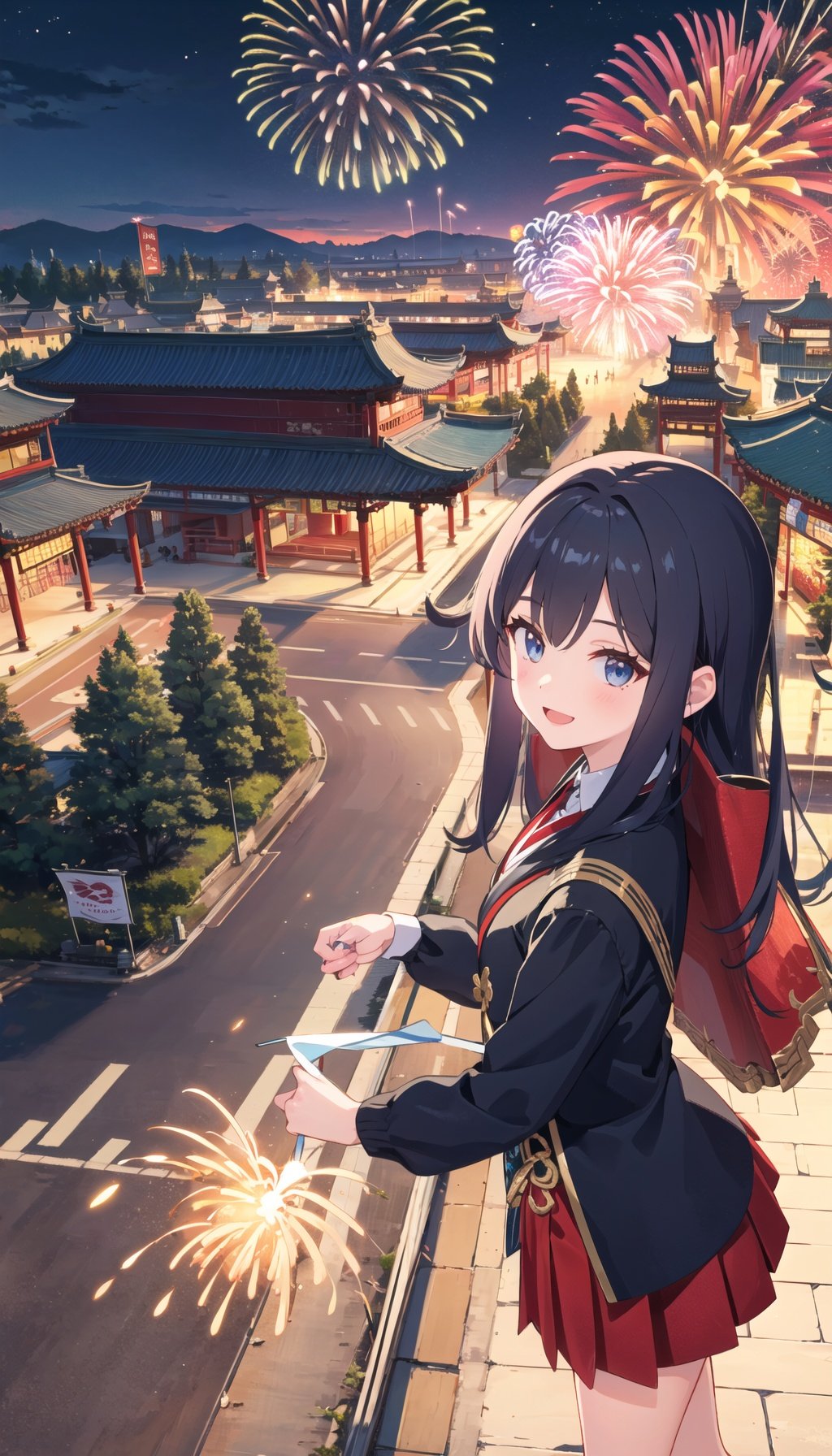 1girl,looking at viewer, smile, closed mouth, open mouth, happy BREAK chinese building, east asian architecture, forbidden palace, plaza, square, road, banners, flags, (fireworks, aerial fireworks:1.2),