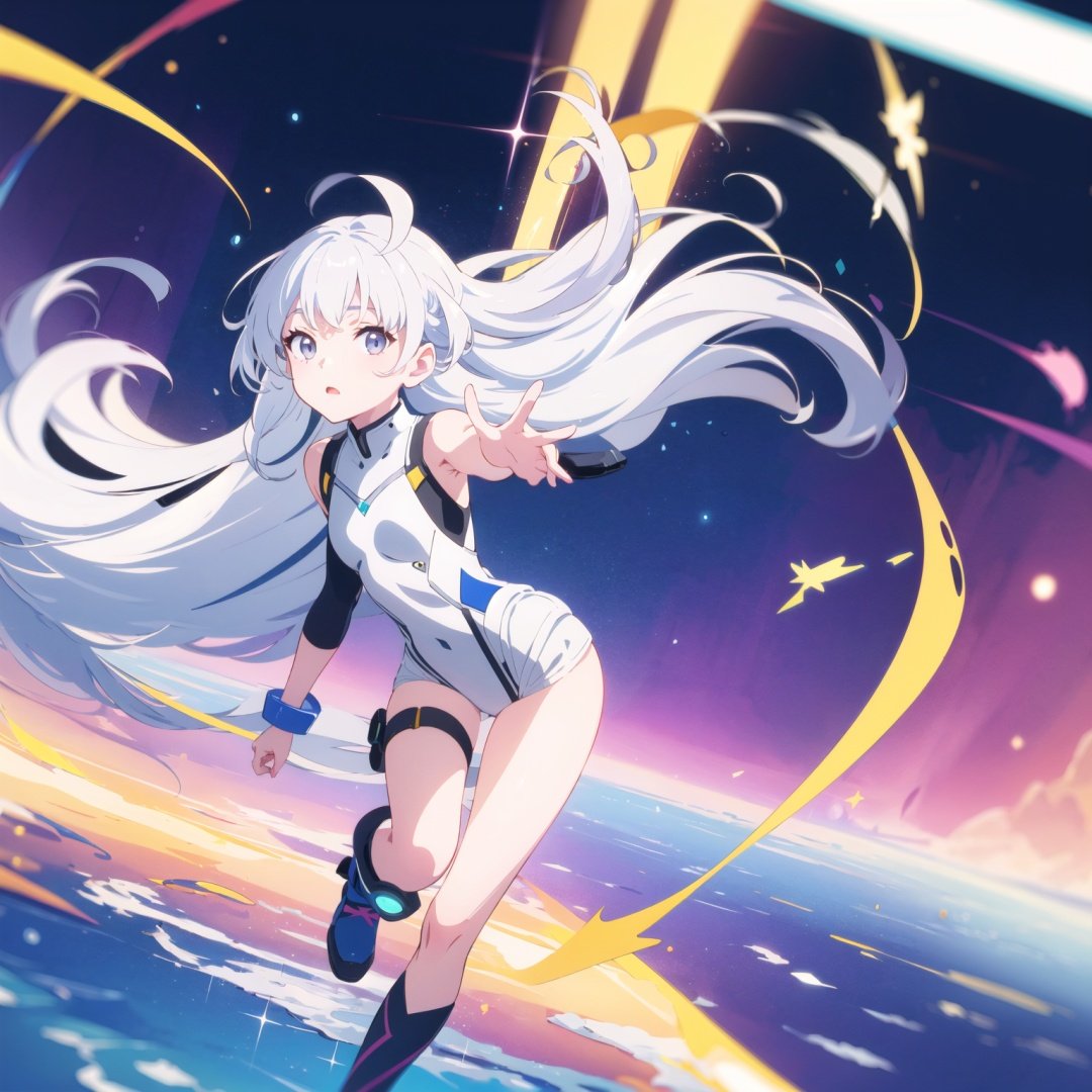 1girl,(studio ghibli style).enhancement, ultrainstinct, (aura:1.3), looking at viewer, white hair, long hair, grey eyes, anime, highres, bloom, bokeh, vanishing point, (masterpiece:1.2), floating, cosmos, celestial, (80mm), fill light, rim light, glowing, full body, goddess outfit, chromatic aberration . Flat colors , aquarela, digital painting, art design, color pastel , anime modern