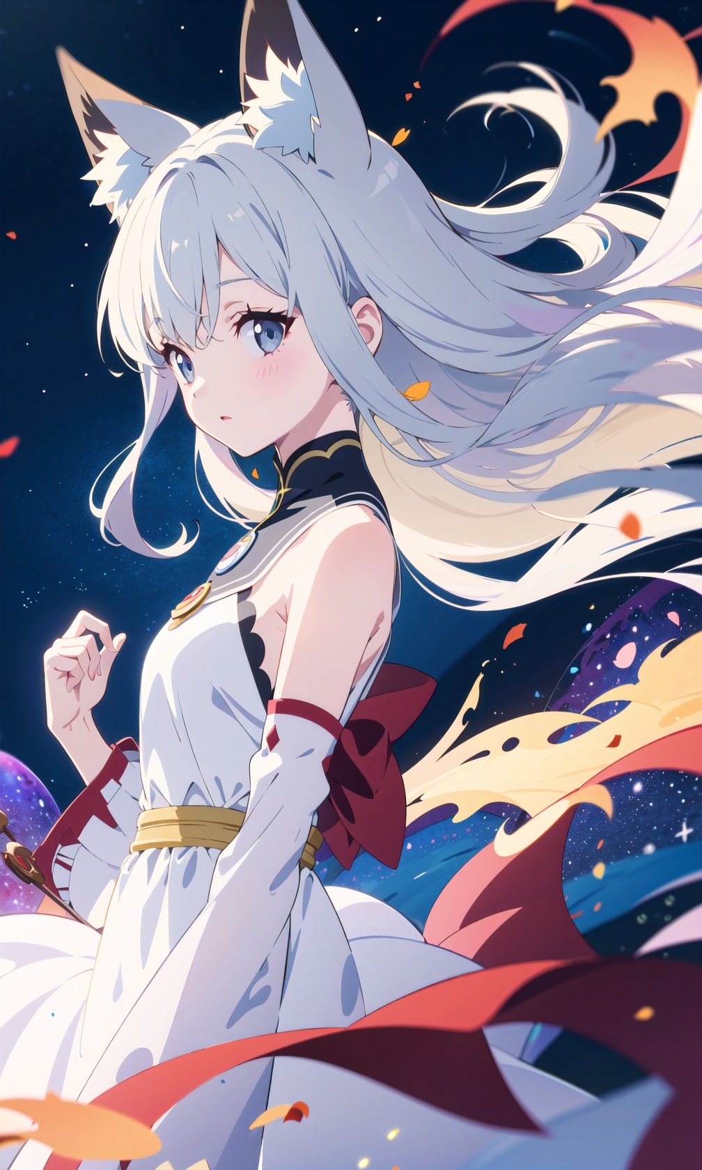 1girl,(studio ghibli style).enhancement, ultrainstinct, (aura:1.3), looking at viewer, white hair, long hair, grey eyes, anime, highres, bloom, bokeh, vanishing point, (masterpiece:1.2), floating, cosmos, celestial, (80mm), fill light, rim light, glowing, full body, goddess outfit, chromatic aberration, Flat colors , aquarela, digital painting, art design, color pastel , anime modern, splashing, fire, red moon, flower, red flower, white flower, blue flower, blue rose, (animal ears, animal ear fluff, fox ears:1.1)