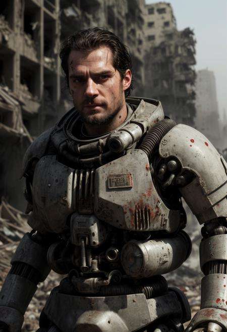 award winning portfolio  portrait photograph, black hair, stubble, grim expression, (dirty face:1.4), (henry cavill|hugh jackman:1.3), (man in intricately detailed heavy duty mech suit,  pistons, armor plating, heavy weapons:1.4) , (sweaty, dirty, filthy, dried blood:1.3), (explosions, ruined futuristic city, fighting everywhere, rubble, scorch marks,  bullet holes:1.5), masterpiece, realistic, roughness, ultra realistic, photographed on a Canon EOS R5, 50mm lens, muted colors, F/2.8, HDR, 8k resolution, highres, high detail, sharp focus, smooth, roughness, real life, photorealism, photography, 8k uhd, 