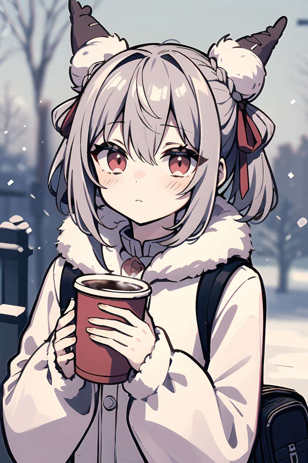 (masterpiece), (best quality), (highly detailed), 1girl, solo, red eyes, holding, disposable cup, looking at viewer, holding cup, outdoors, snow, long sleeves, bangs, cup, coffee cup, tree, closed mouth, bare tree, fur trim, hair between eyes, ribbon, open clothes, bag, winter, black ribbon, snowing, grey hair, coat, hair ribbon, hair bun, upper body, jacket, sidelocks, blush, fur collar