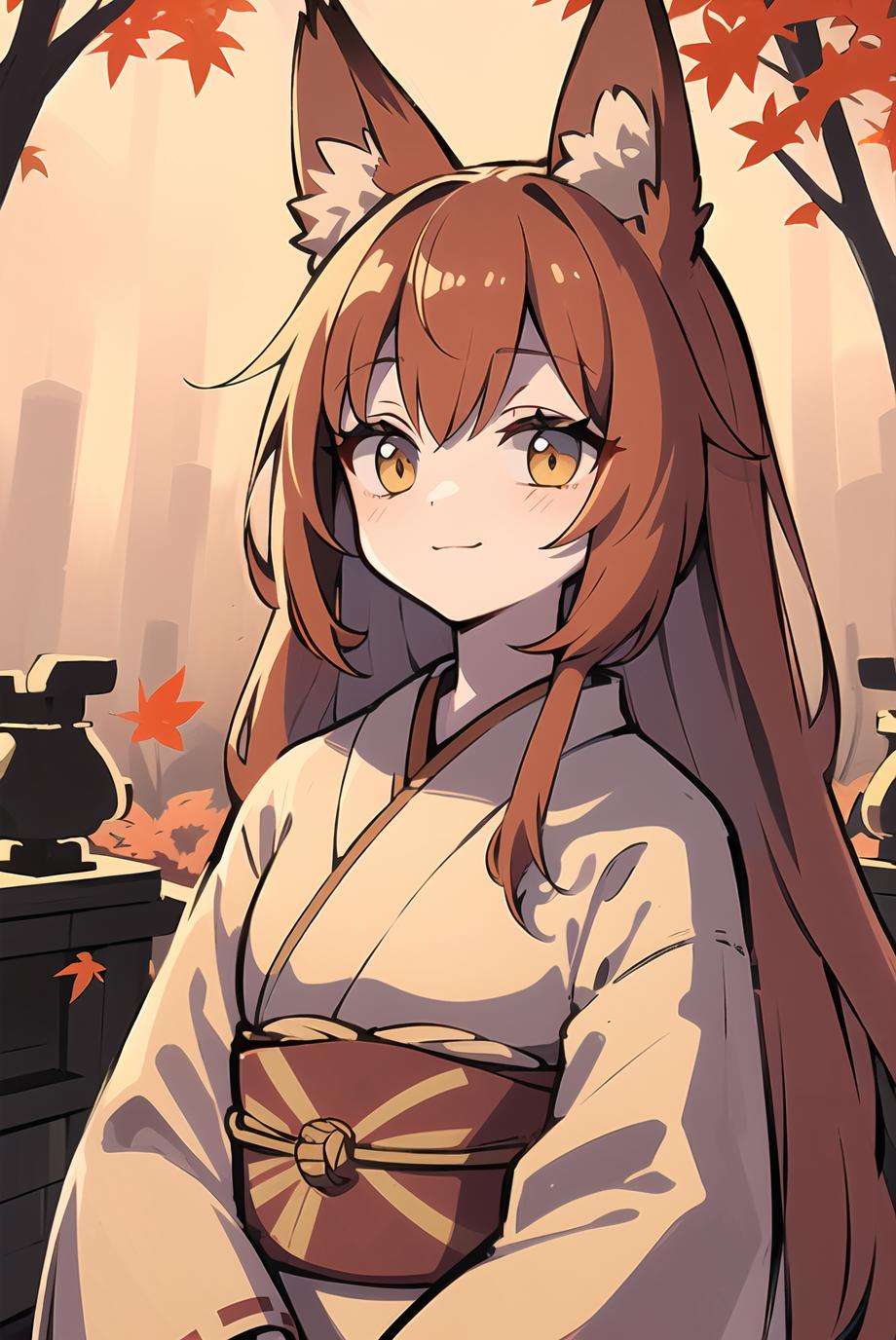 (masterpiece), (best quality), (highly detailed), upper body, 1 enchanting fox girl amidst a maple forest, (captivating amber eyes), fluffy fox ears, long hair, flowing auburn hair, (Japanese kimono), (falling autumn leaves), (warm, rich hues of red and orange), (intricate maple tree trunks and branches), (serene and calm atmosphere), (warm light:1.3), (soft and gentle smile)