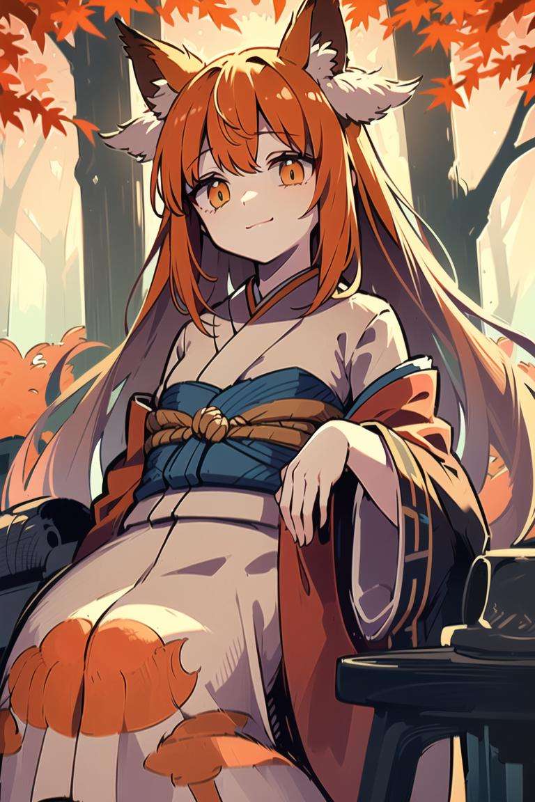 (masterpiece), (best quality), (highly detailed), 1 enchanting fox girl amidst a maple forest, captivating amber eyes, fluffy fox ears, long hair, flowing auburn hair, (traditional Japanese kimono:1.05), (falling autumn leaves:1.1), (warm, rich hues of red and orange:1.15), (serene and calm atmosphere:1.2), (intricate maple tree trunks and branches:1.25), (dappled sunlight filtering through the canopy:1.3), (soft and gentle smile:1.4)